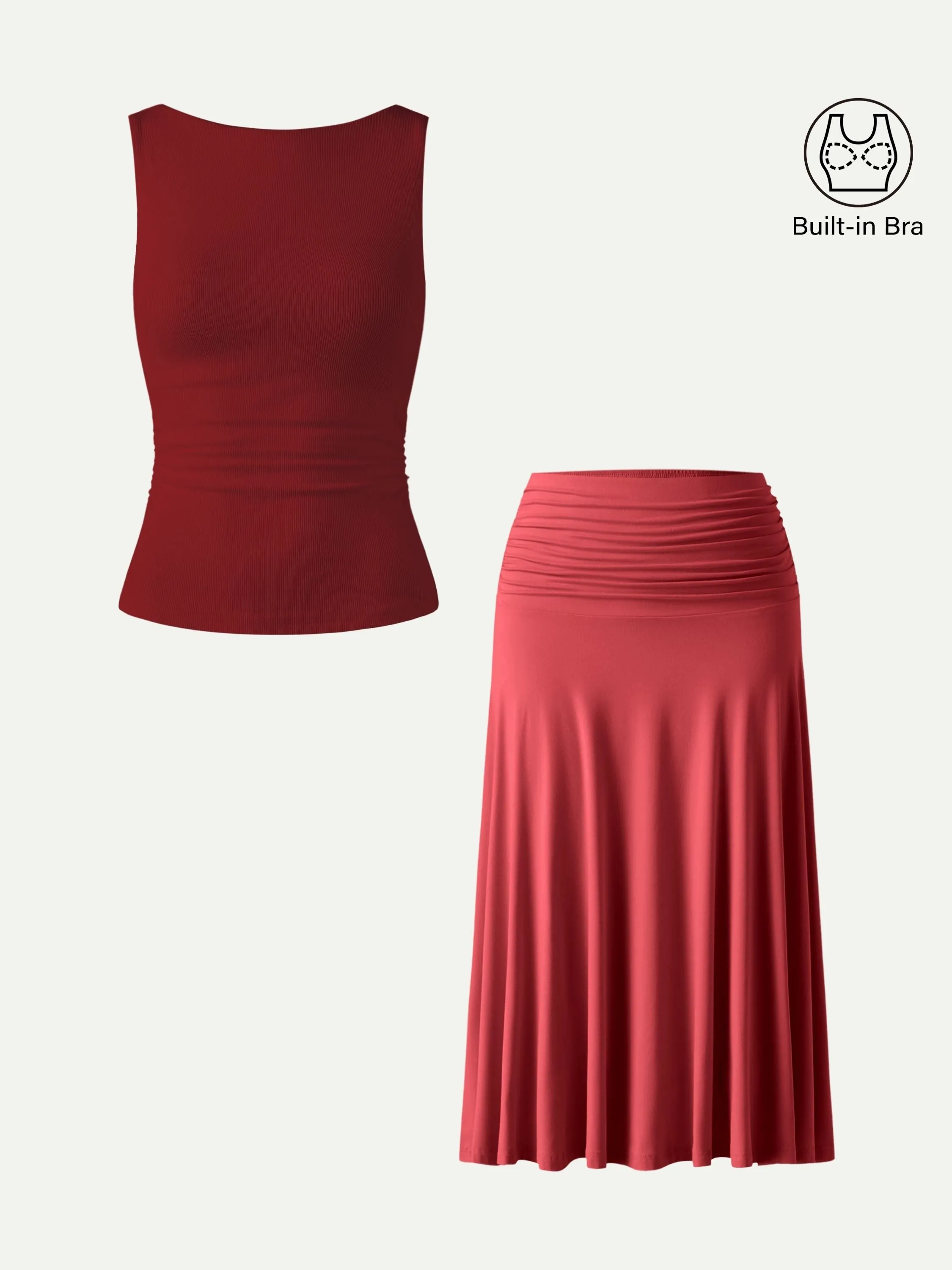2Pcs Set Open Back Bra Tank & Side Ruched A-line Midi Skirt sold by OGLmove product image thumbnail 4