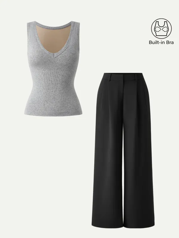 2Pcs Set V-neck Brami Tank & Wide Leg Pant with Pockets sold by OGLmove