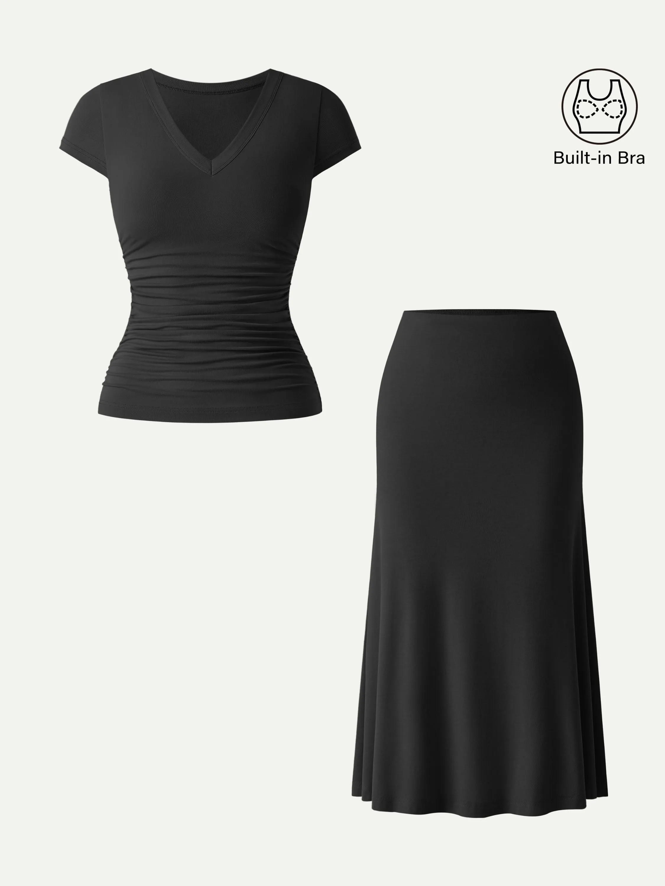 2Pcs Set V-neck Cap Sleeve Bra Tee & Pull-on Mermaid Midi Skirt sold by OGLmove product image thumbnail 2
