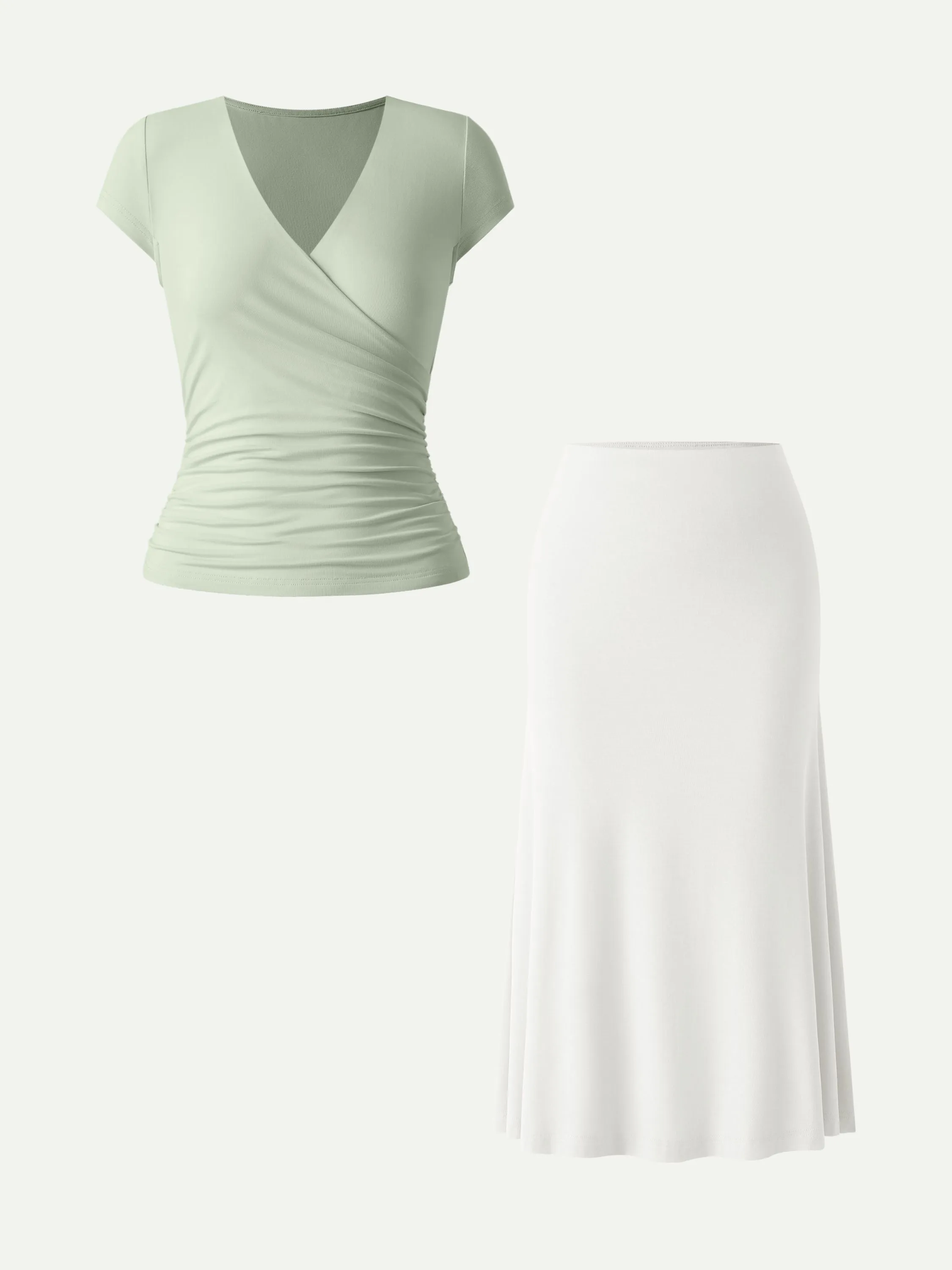 2Pcs Set Surplice Cap Sleeve Tee & Pull-on Mermaid Midi Skirt sold by OGLmove product image thumbnail 4