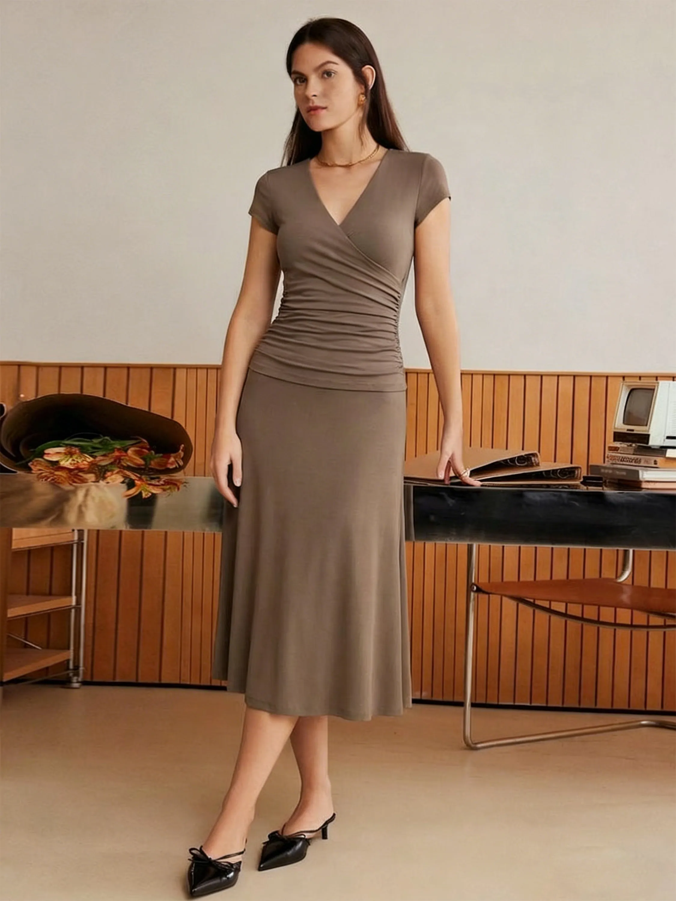 2Pcs Set Surplice Cap Sleeve Tee & Pull-on Mermaid Midi Skirt sold by OGLmove product image thumbnail 2