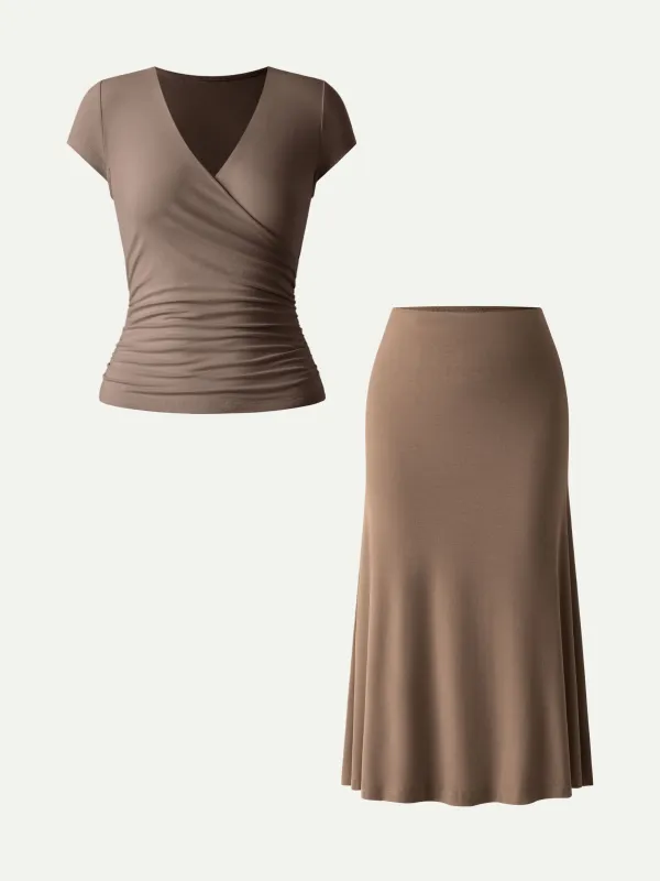 2Pcs Set Surplice Cap Sleeve Tee & Pull-on Mermaid Midi Skirt sold by OGLmove