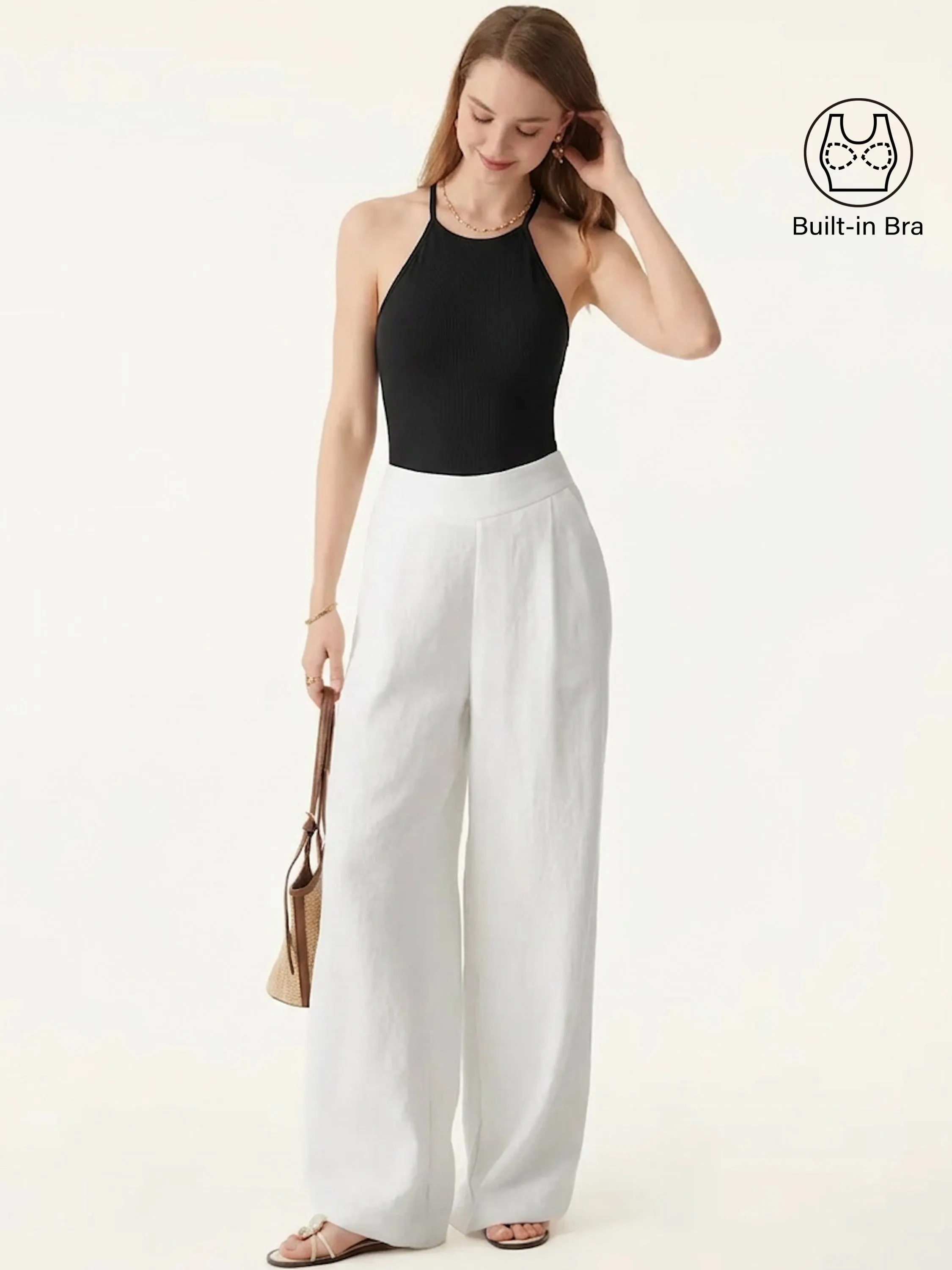 2Pcs Set Tie Back Bandless Crop Bra Tank & Mid Rise Wide Leg Pant with Pockets sold by OGLmove product image thumbnail 3