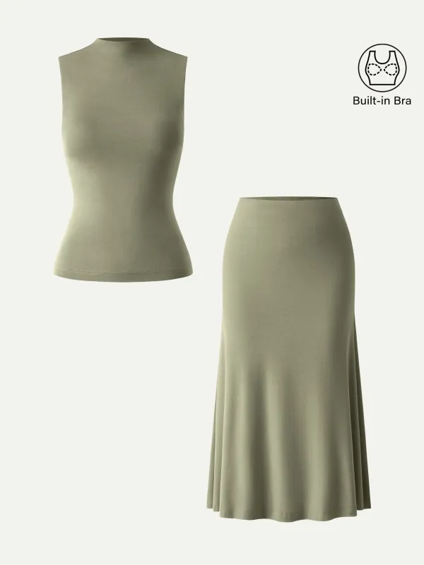 2Pcs Set Mockneck Bra Tank & Pull-on Mermaid Midi Skirt made by OGLmove