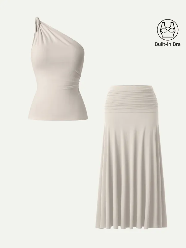 2Pcs Set One Shoulder Twisted Bra Tank & Mid Rise A-line Maxi Skirt sold by OGLmove