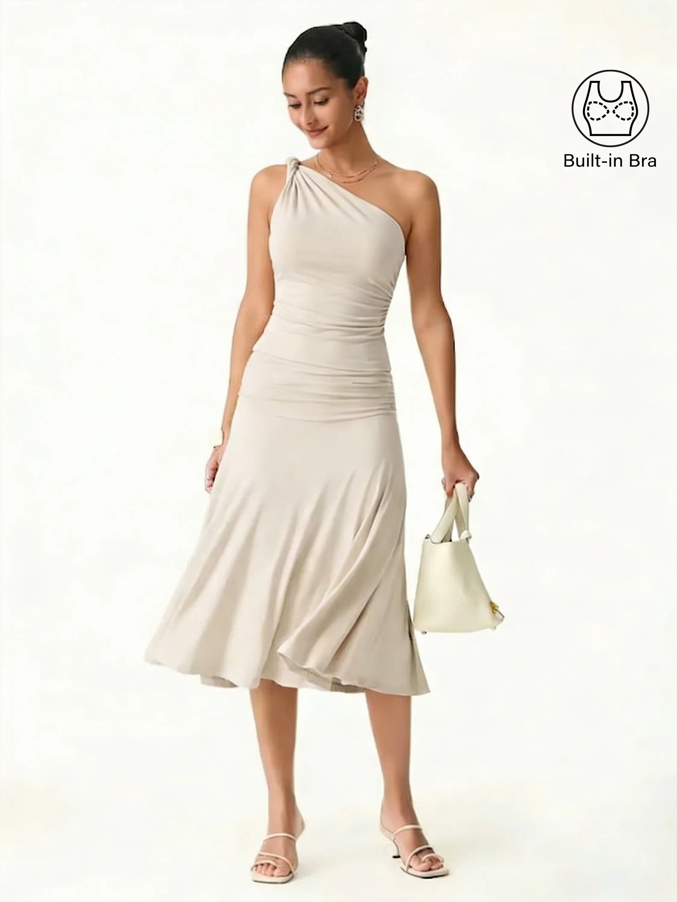 2Pcs Set One Shoulder Twisted Bra Tank & Side Ruched A-line Midi Skirt sold by OGLmove product image thumbnail 2