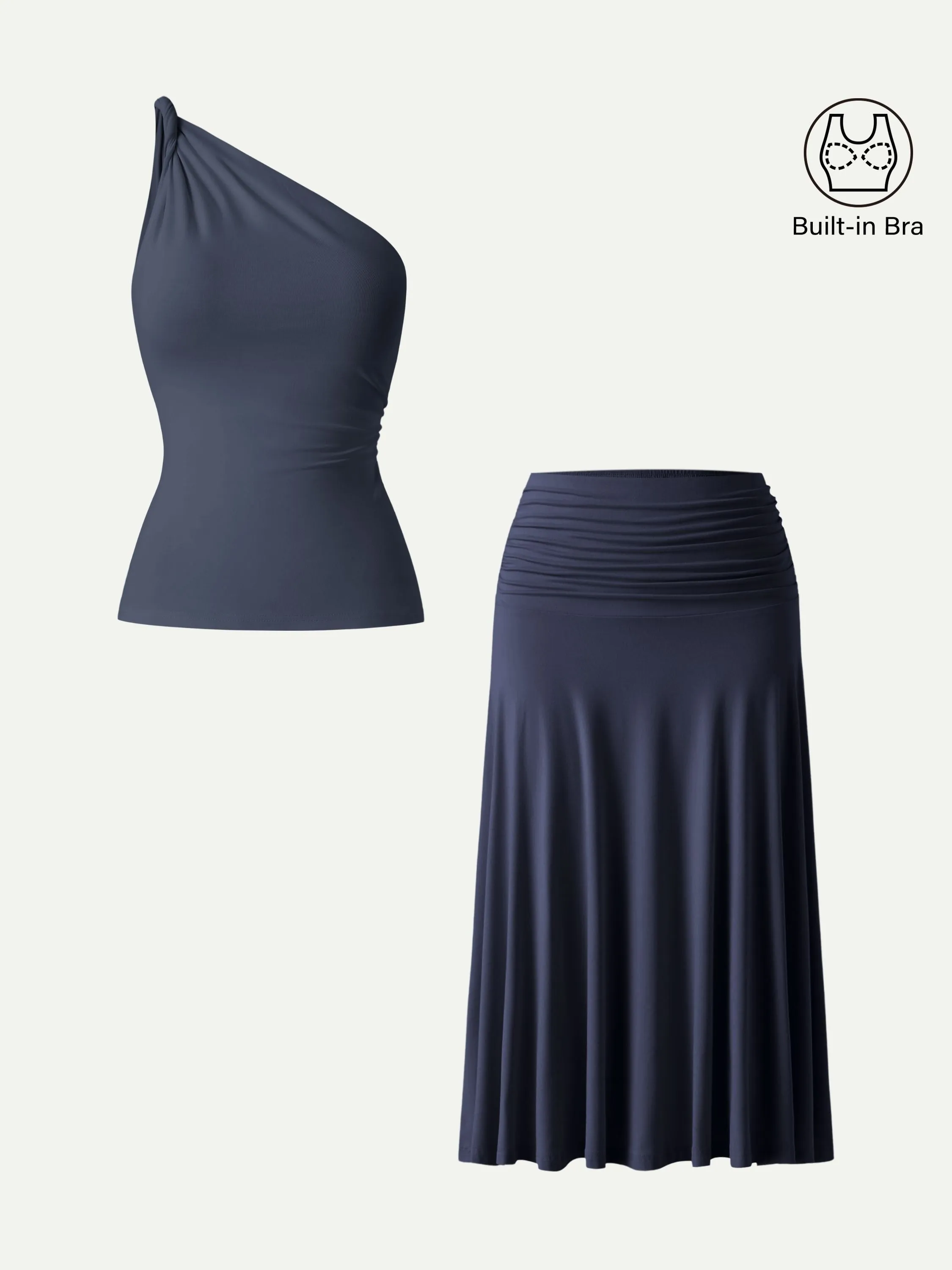 2Pcs Set One Shoulder Twisted Bra Tank & Side Ruched A-line Midi Skirt sold by OGLmove product image thumbnail 5