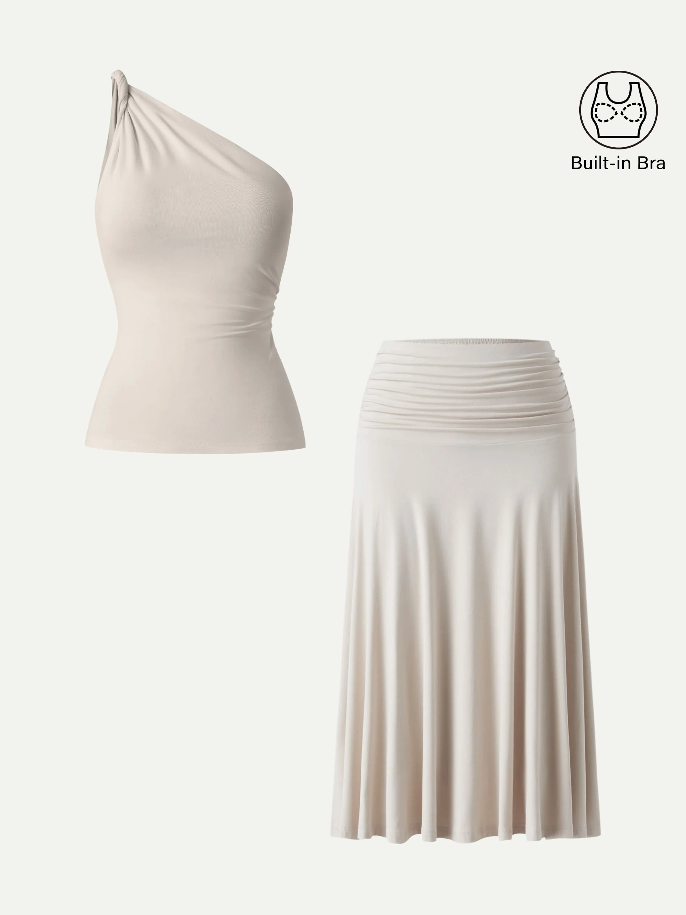 2Pcs Set One Shoulder Twisted Bra Tank & Side Ruched A-line Midi Skirt sold by OGLmove