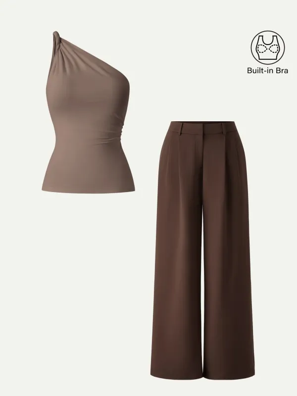2Pcs Set One Shoulder Twisted Bra Tank & Wide Leg Pant with Pockets sold by OGLmove