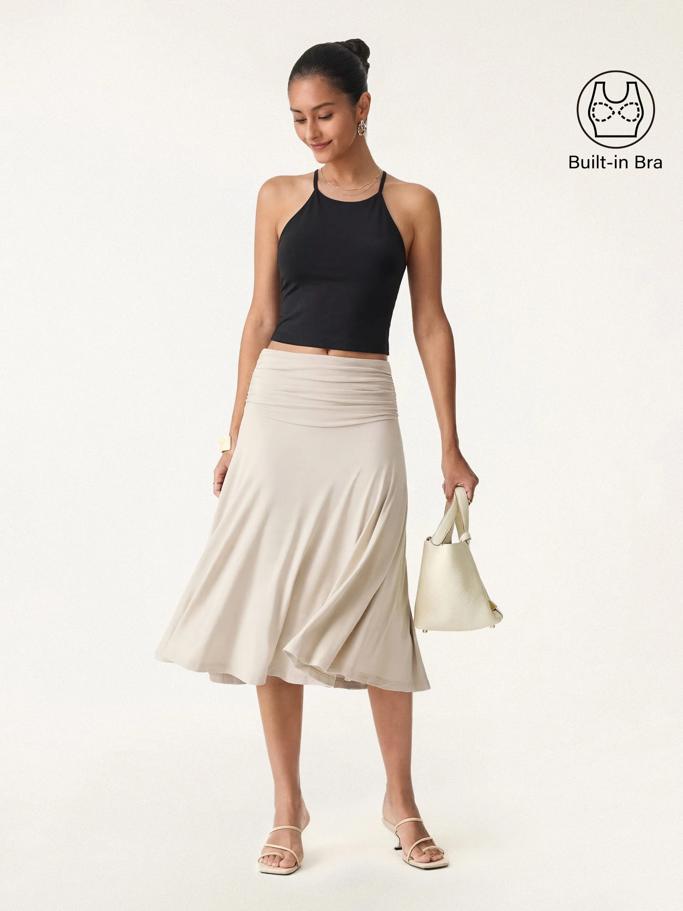 2Pcs Tie Back Bandless Bra Tank & Side Ruched A-line Midi Skirt sold by OGLmove