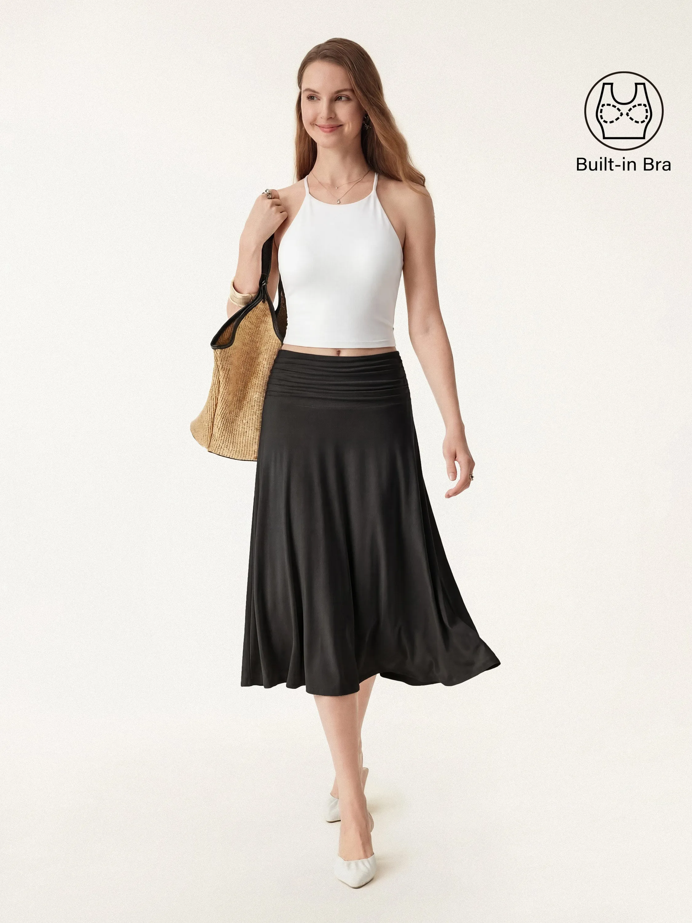 2Pcs Tie Back Bandless Bra Tank & Side Ruched A-line Midi Skirt sold by OGLmove product image thumbnail 5