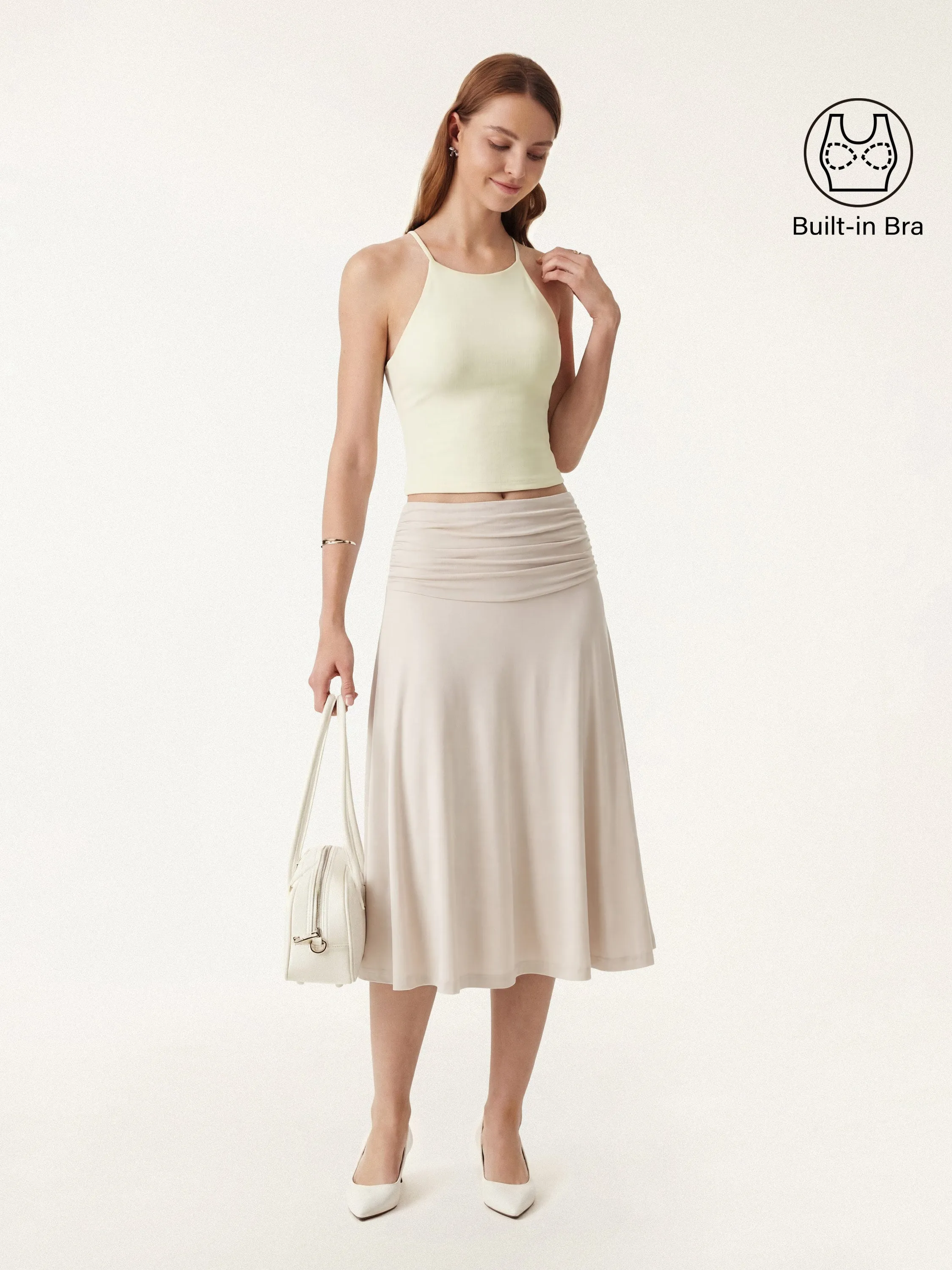 2Pcs Tie Back Bandless Bra Tank & Side Ruched A-line Midi Skirt sold by OGLmove product image thumbnail 3