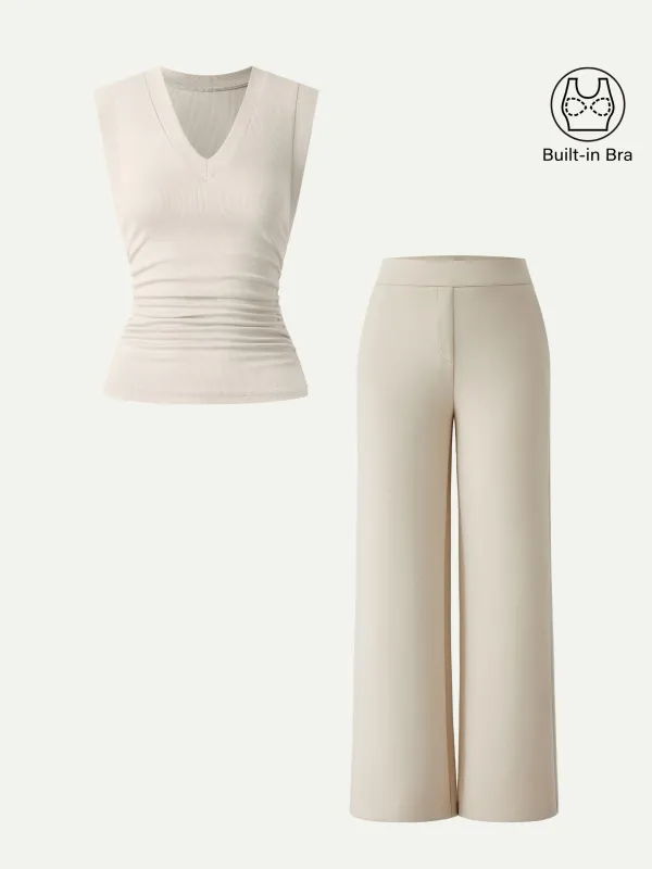 2Pcs Set V-neck Bra Top & Mid Rise Straight Pant with Pockets sold by OGLmove