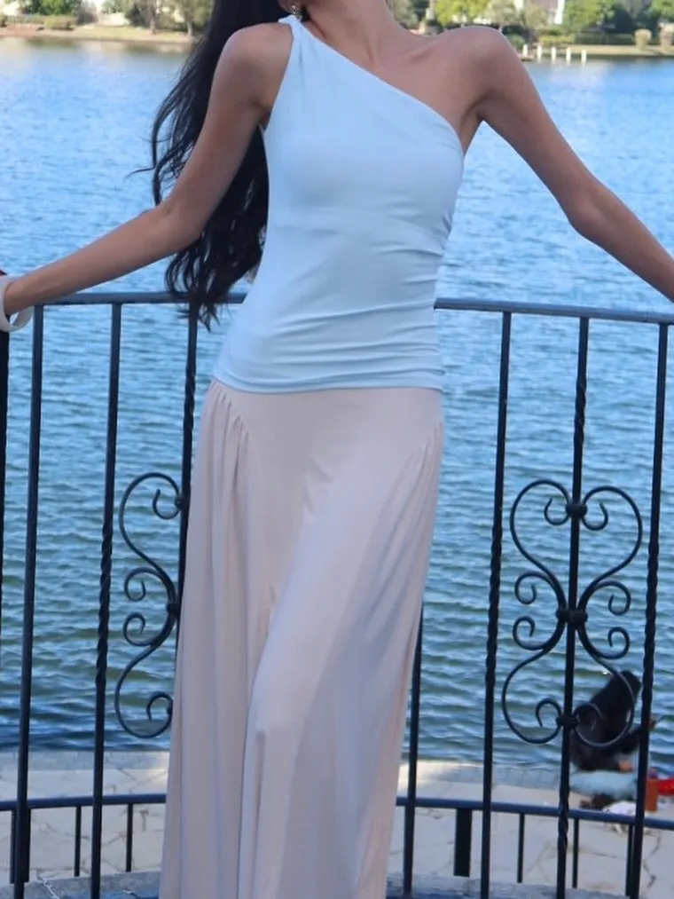 2Pcs Set One Shoulder Bra Tank & Flared Midi Skirt with Pockets sold by OGLmove product image thumbnail 3