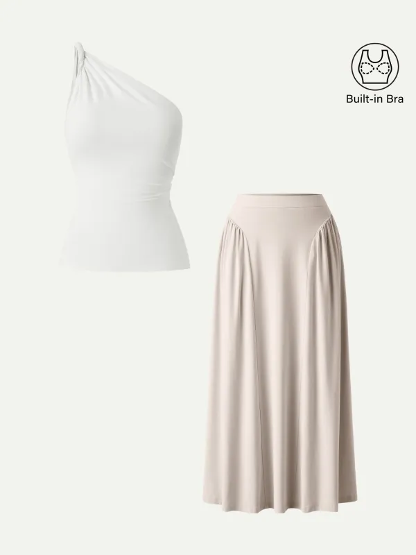 2Pcs Set One Shoulder Bra Tank & Flared Midi Skirt with Pockets sold by OGLmove