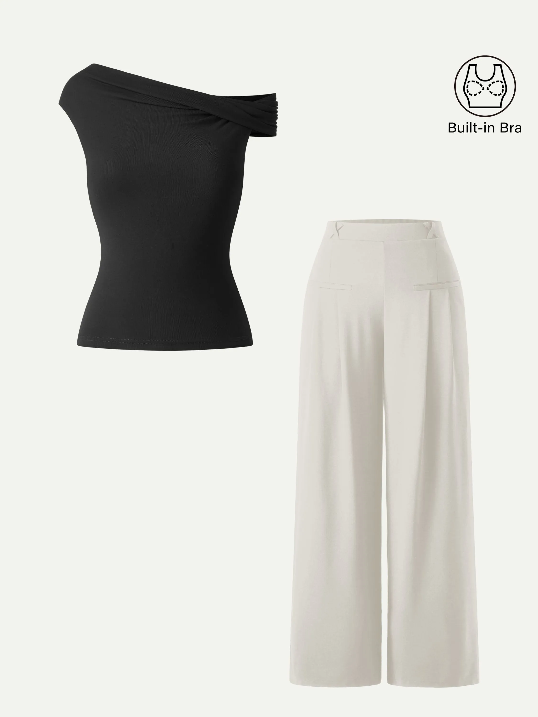 2Pcs Set Multi-wear Necklines Bra & Wide Leg Trouser with Pockets sold by OGLmove product image thumbnail 2