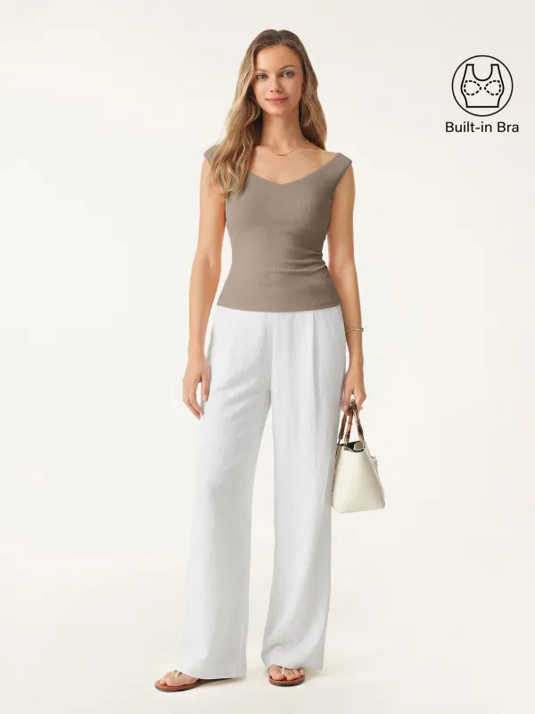 2Pcs Set V-neck Bra Top & Mid Rise Wide Leg Pant with Pockets sold by OGLmove