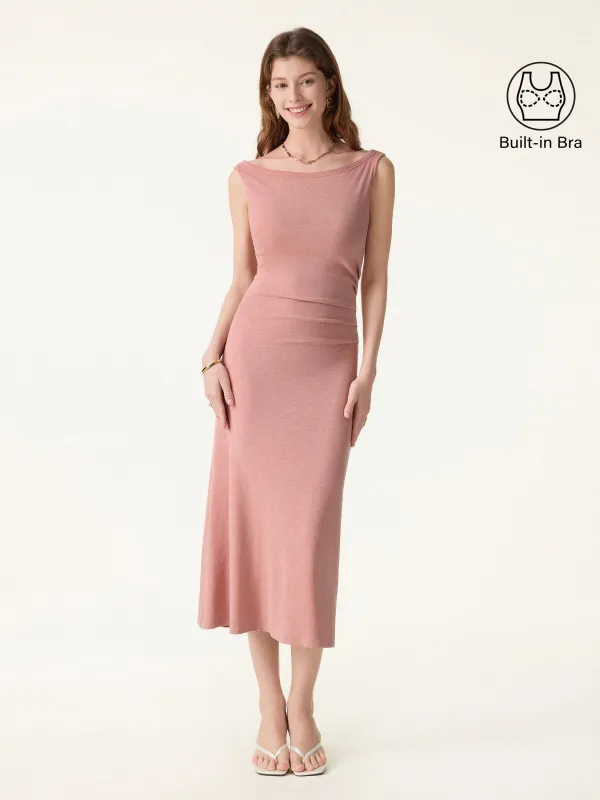 Elegant Boatneck Tucked Fit-and-Flare Midi Bra Dress made by OGLmove