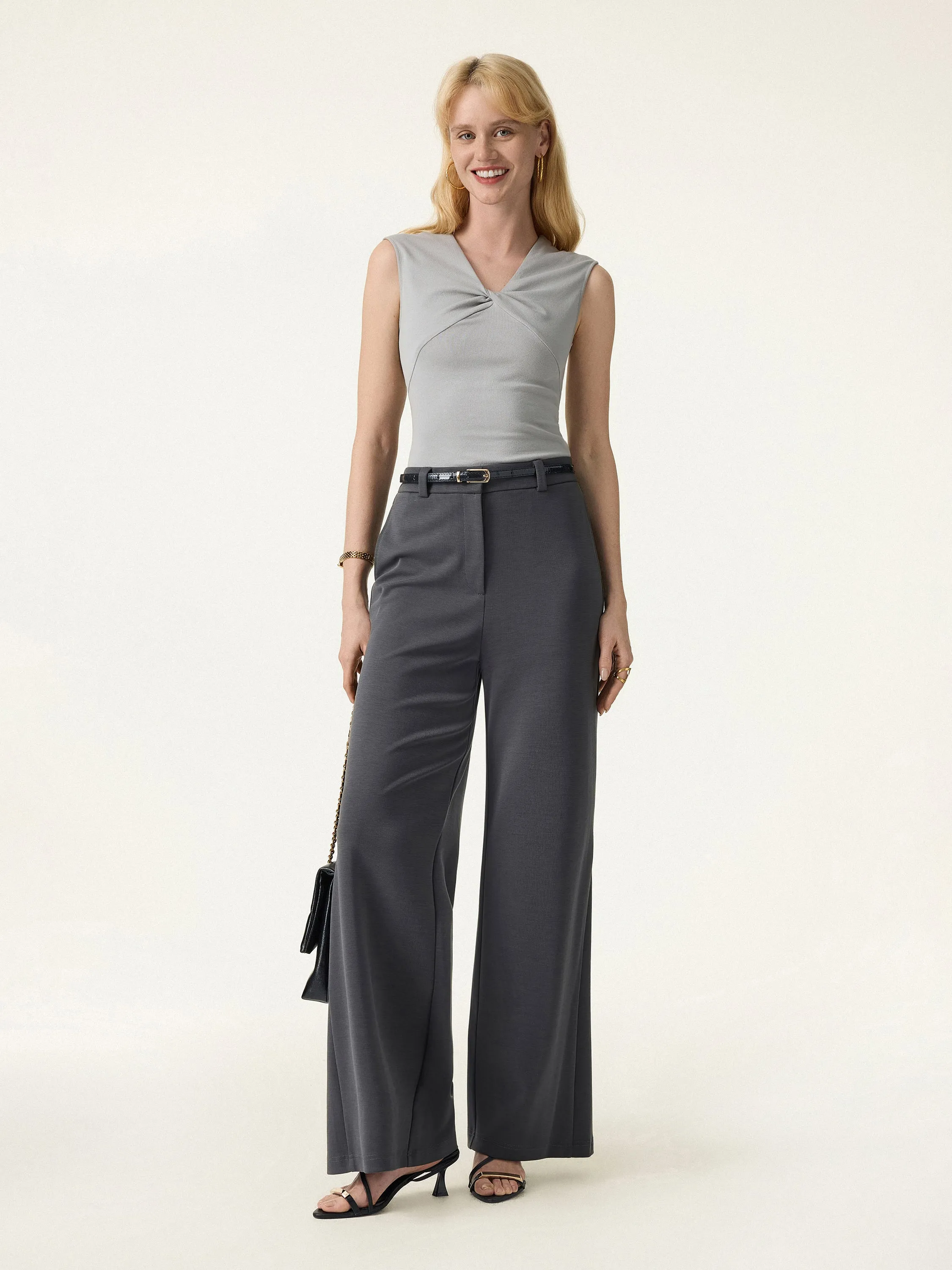 Wrinkle-Resistant High Rise Flared Trousers with Pockets sold by OGLmove product image thumbnail 3