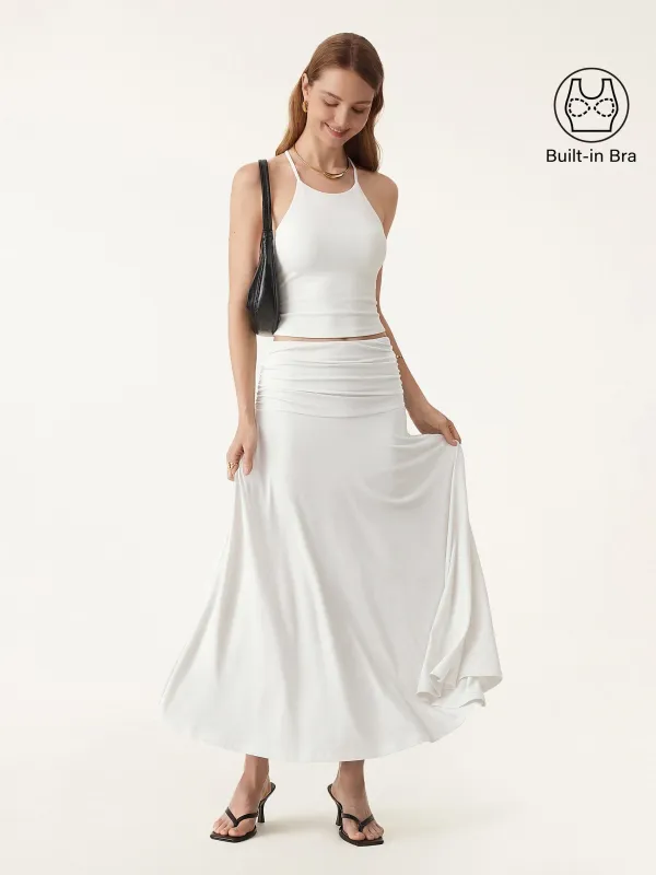 2Pcs Set Tie Back Bandless Bra Tank & Mid Rise A-line Ruched Maxi Skirt sold by OGLmove