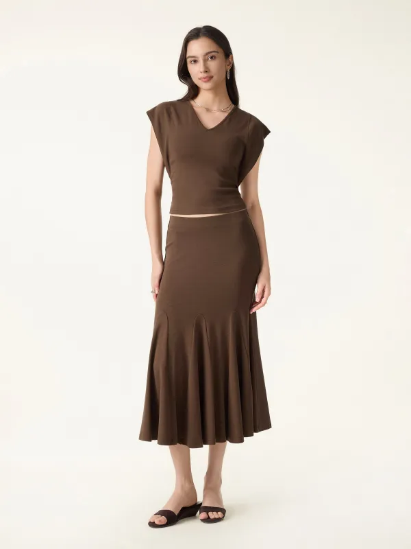 2Pcs Set Cotton Lyocell V-Neck Summer Tee & Flowy Flared Midi Skirt made by OGLmove