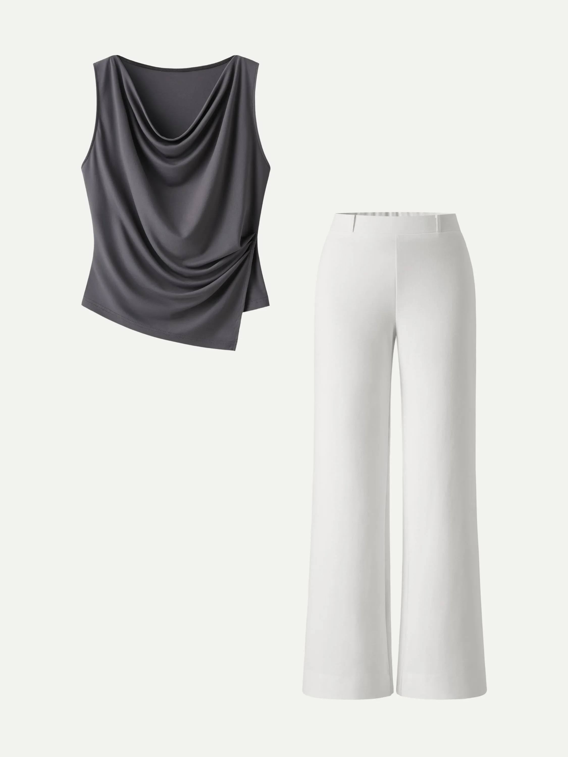 2Pcs Set Cowl Asymmetrical Tucked Top & Wide Leg Pants with Pockets sold by OGLmove product image thumbnail 3