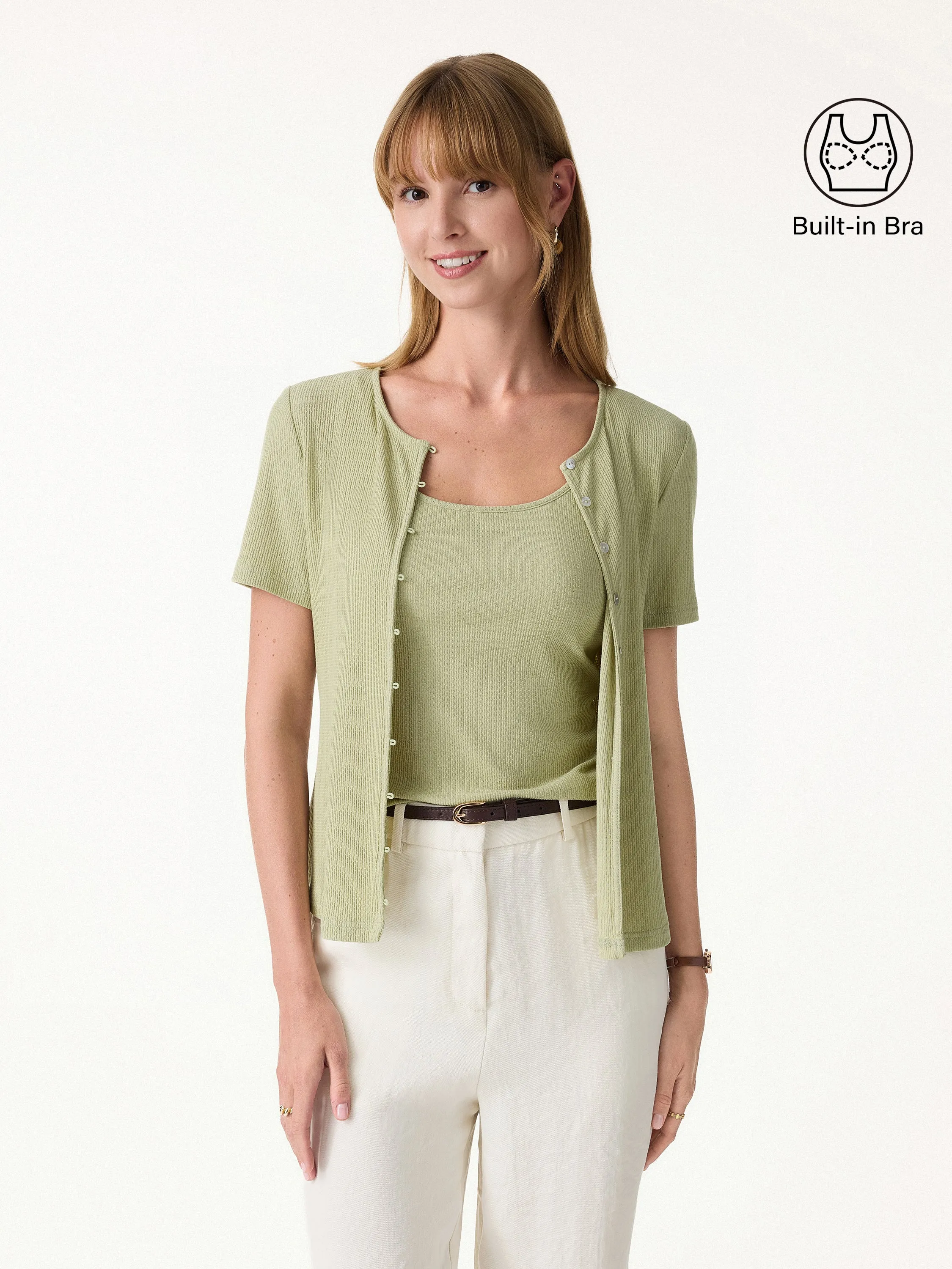 2Pcs Set Button-Front Cardigan & U-Neck Bra Tank sold by OGLmove product image thumbnail 2