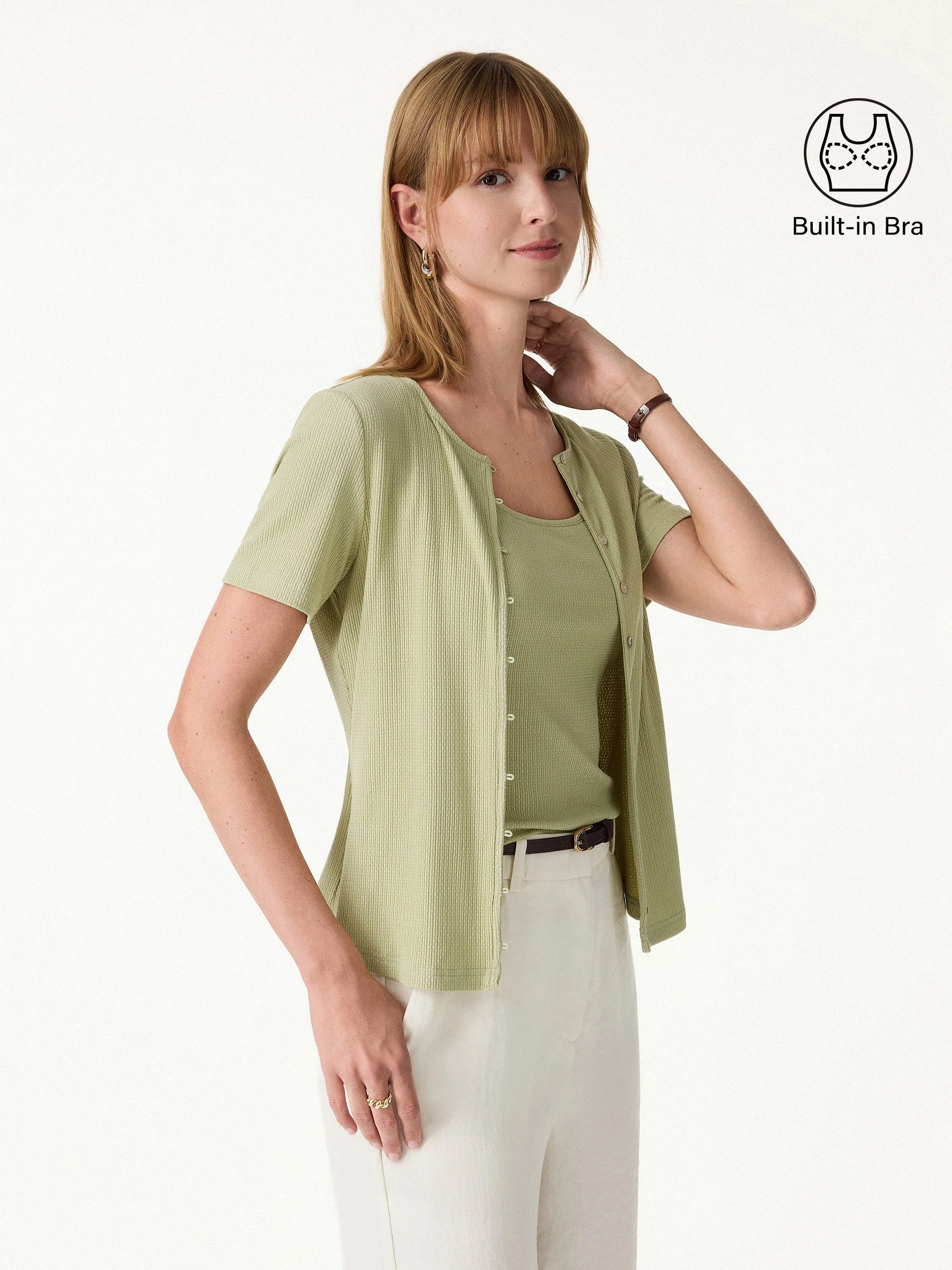 2Pcs Set Button-Front Cardigan & U-Neck Bra Tank sold by OGLmove