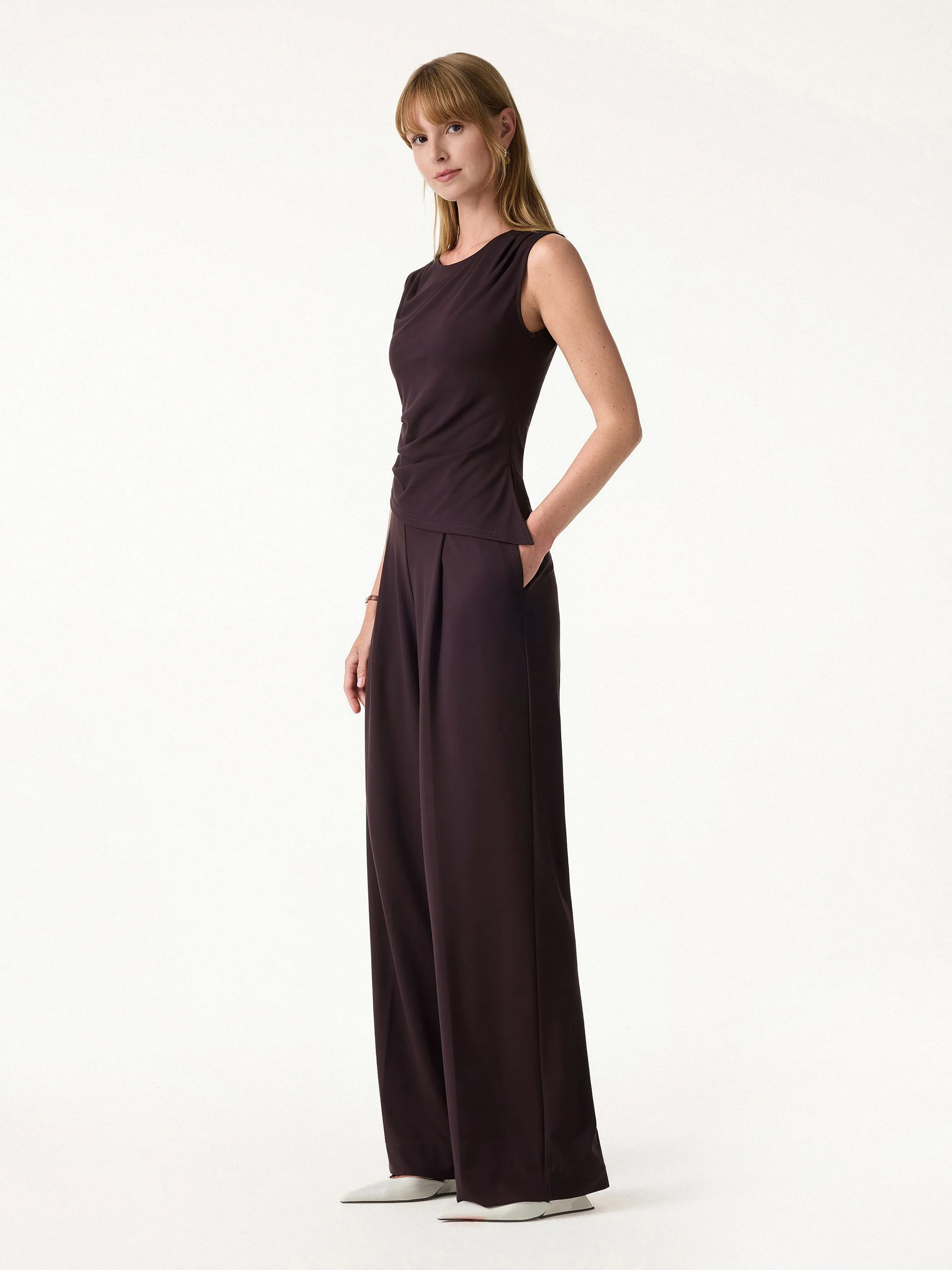 2Pcs Set Tucked Asymmetrical Hem Top & High Rise Wide Leg Pant sold by OGLmove product image thumbnail 4