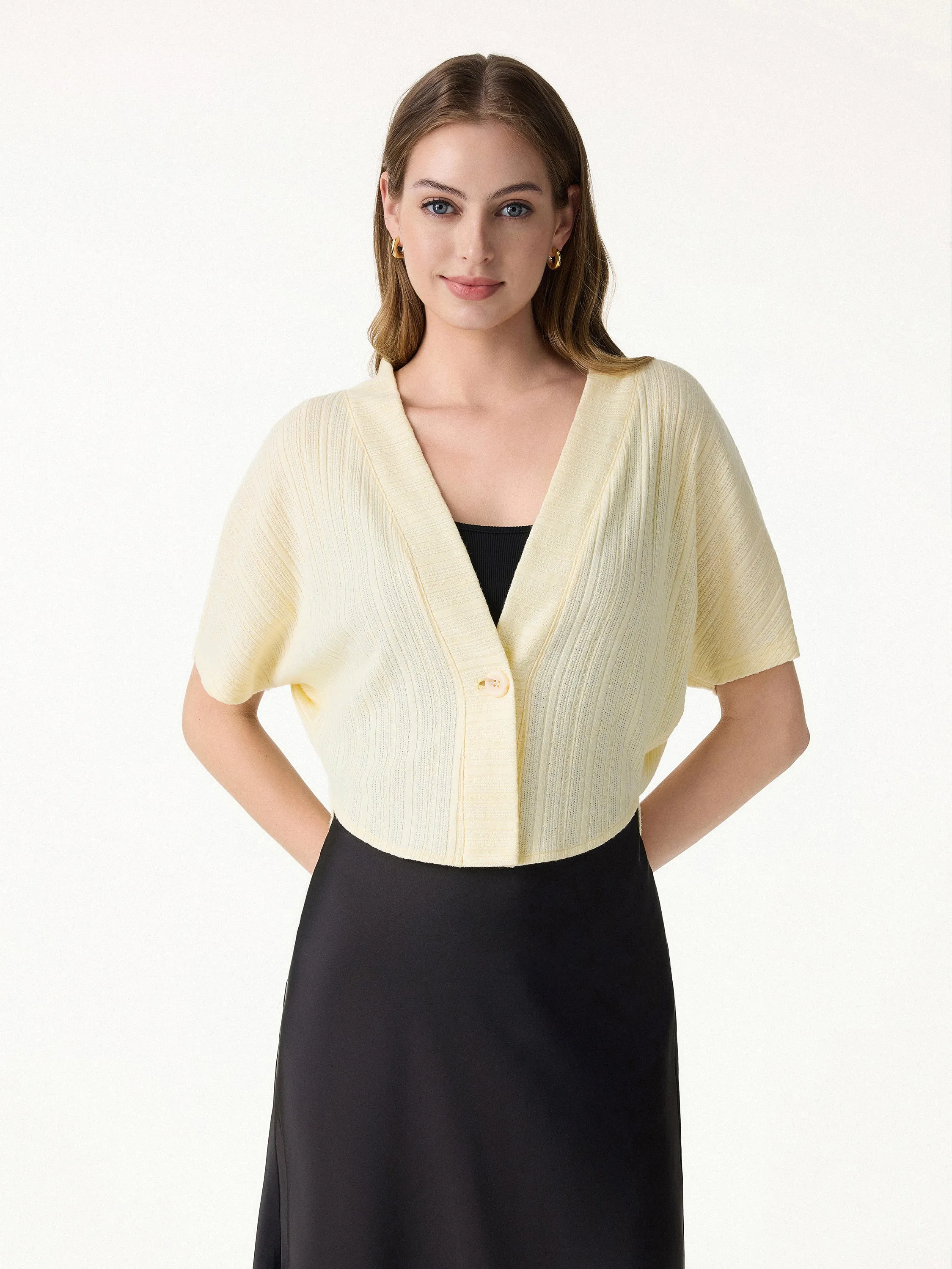 Pointelle Kimono Cropped One-Button Cardigan sold by OGLmove product image thumbnail 4