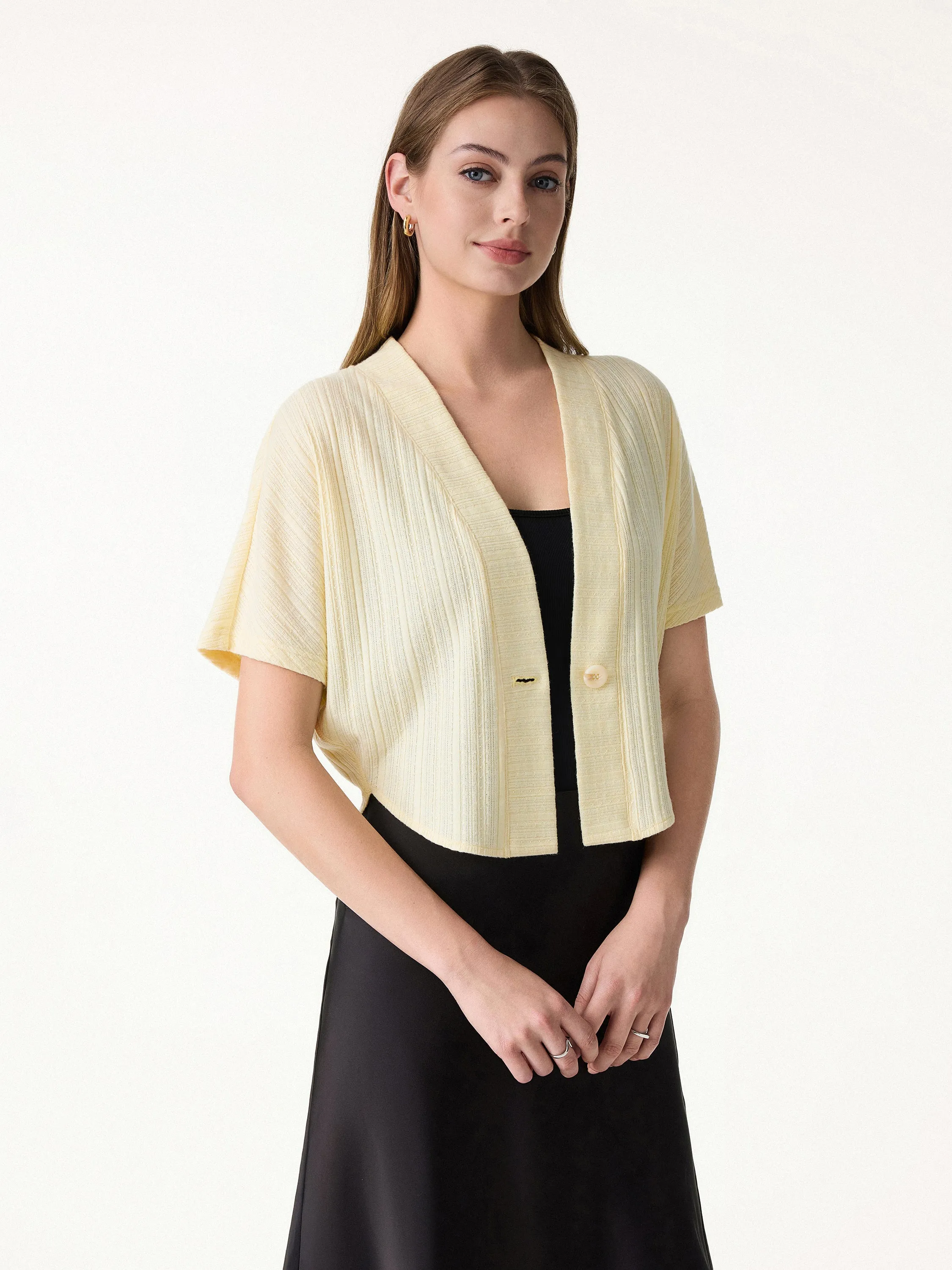 Pointelle Kimono Cropped One-Button Cardigan sold by OGLmove