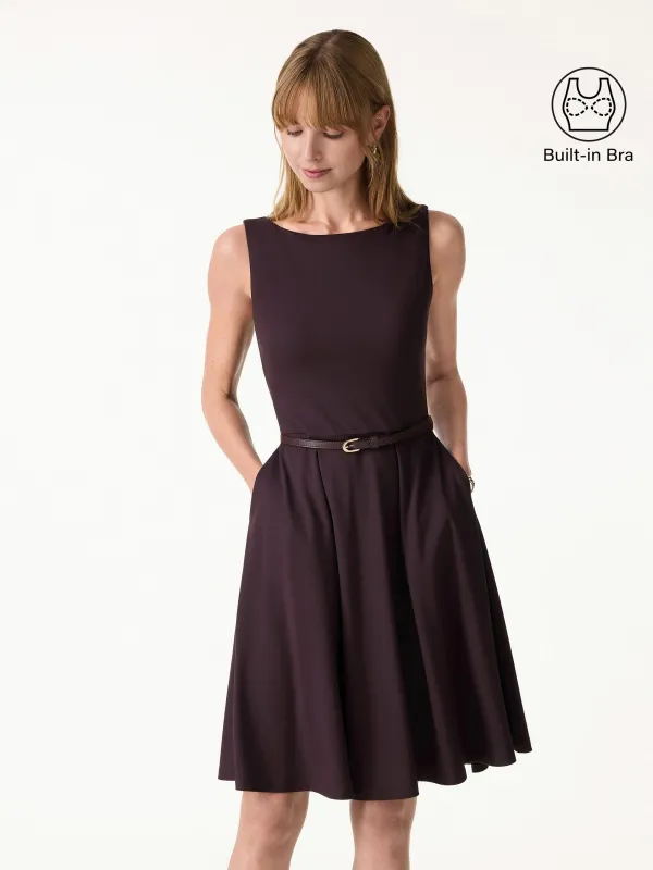 Stretchy Boatneck Fit-and-Flare Mini Bra Dress with Pockets made by OGLmove