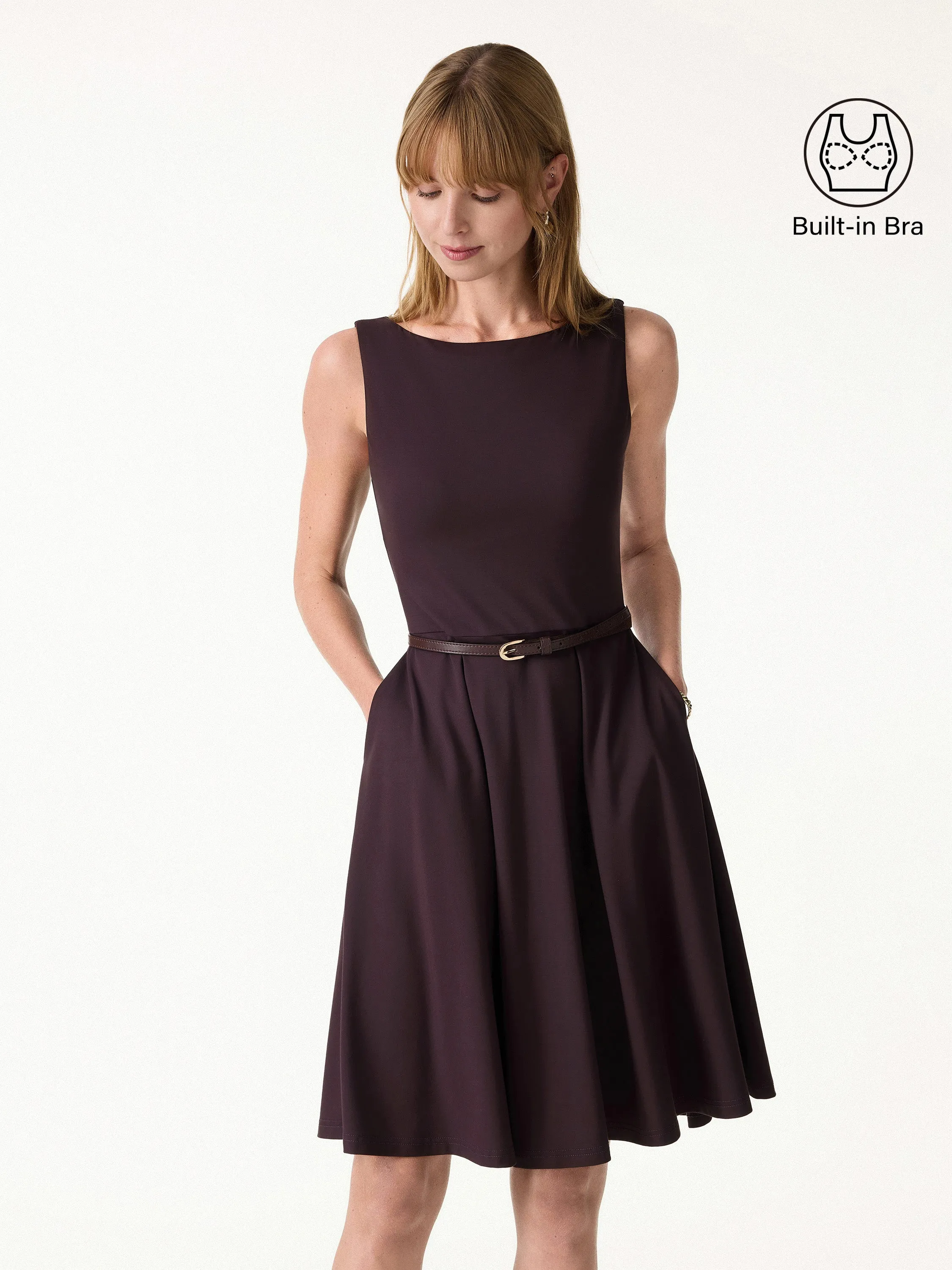Stretchy Boatneck Fit-and-Flare Mini Bra Dress with Pockets sold by OGLmove