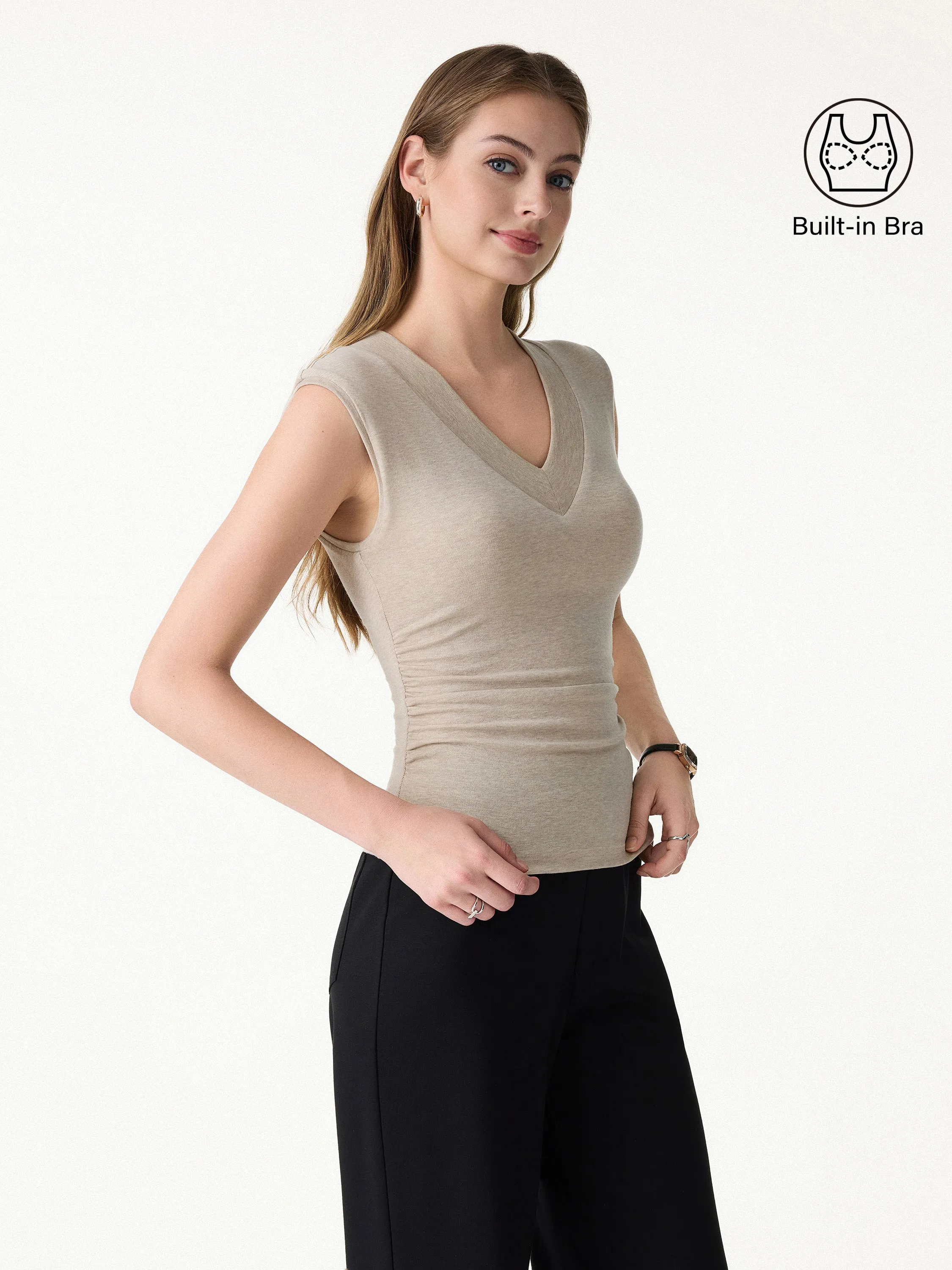 Sweat-Wicking V-Neck Wide Shoulder Ruched Bra Top sold by OGLmove
