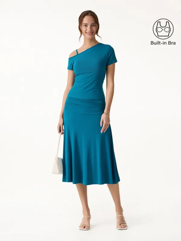 2Pcs Set SkinKiss Asymmetrical Shoulder Bra Top & Side Ruched A-line Midi Skirt made by OGLmove