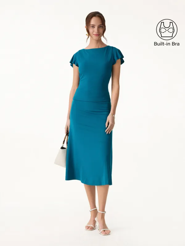 2Pcs Set SkinKiss Cowl Back Flutter Sleeve Bra Top & Pull-on Midi Skirt made by OGLmove