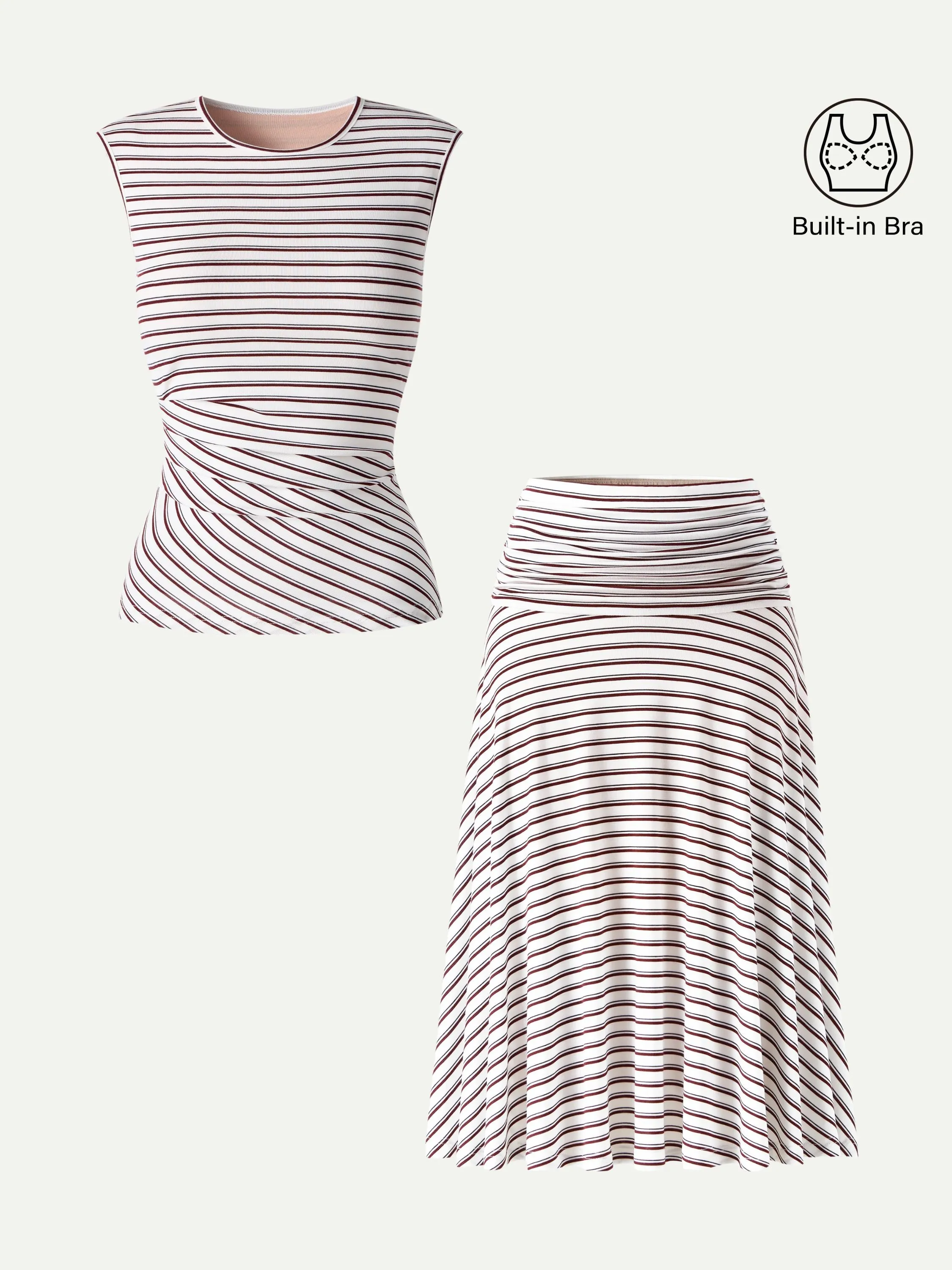 2Pcs Set Striped Tucked Sleeveless Bra Top & Circle Flare Ruched Midi Skirt sold by OGLmove product image thumbnail 4