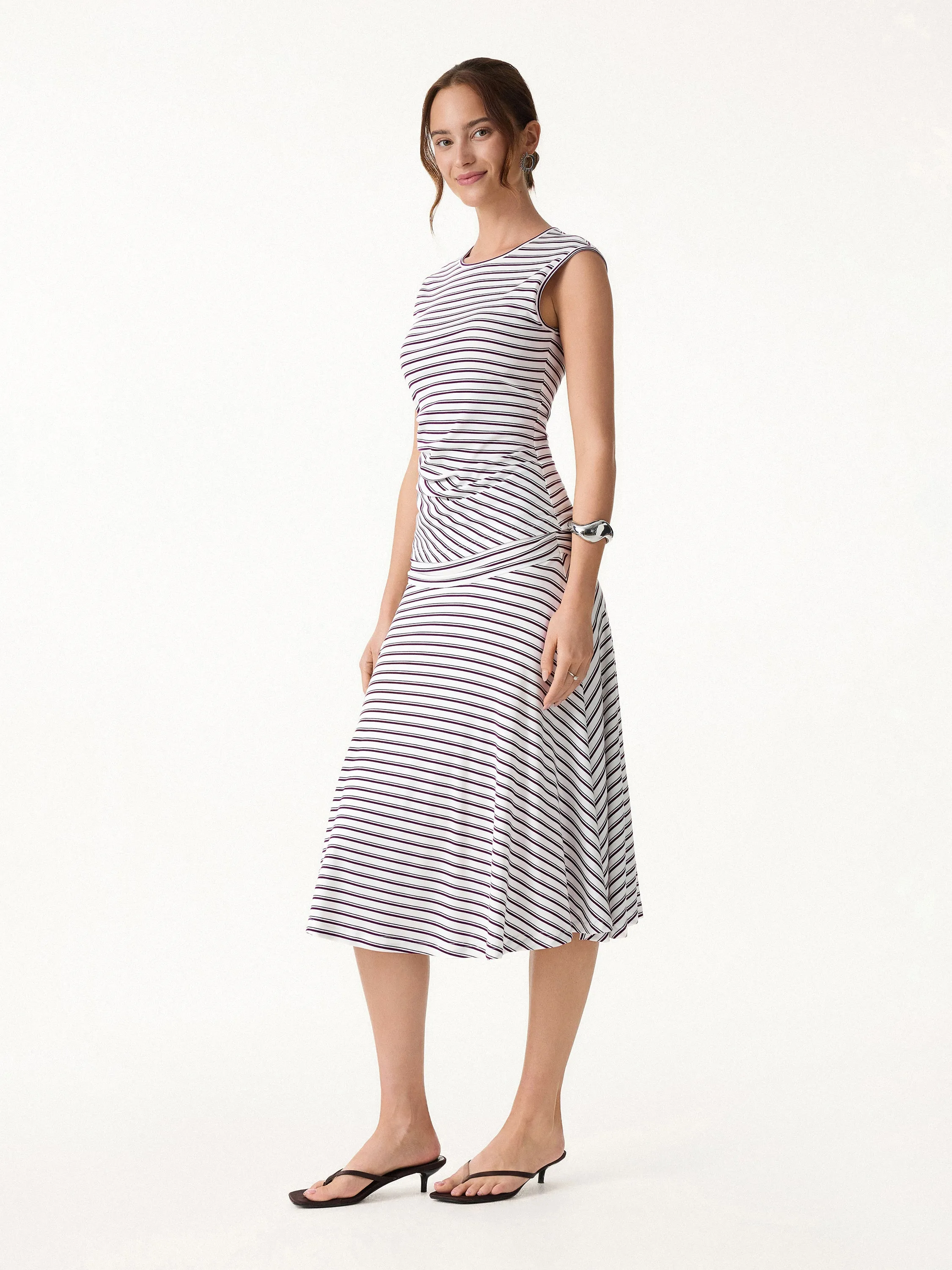 2Pcs Set Striped Tucked Sleeveless Bra Top & Circle Flare Ruched Midi Skirt sold by OGLmove