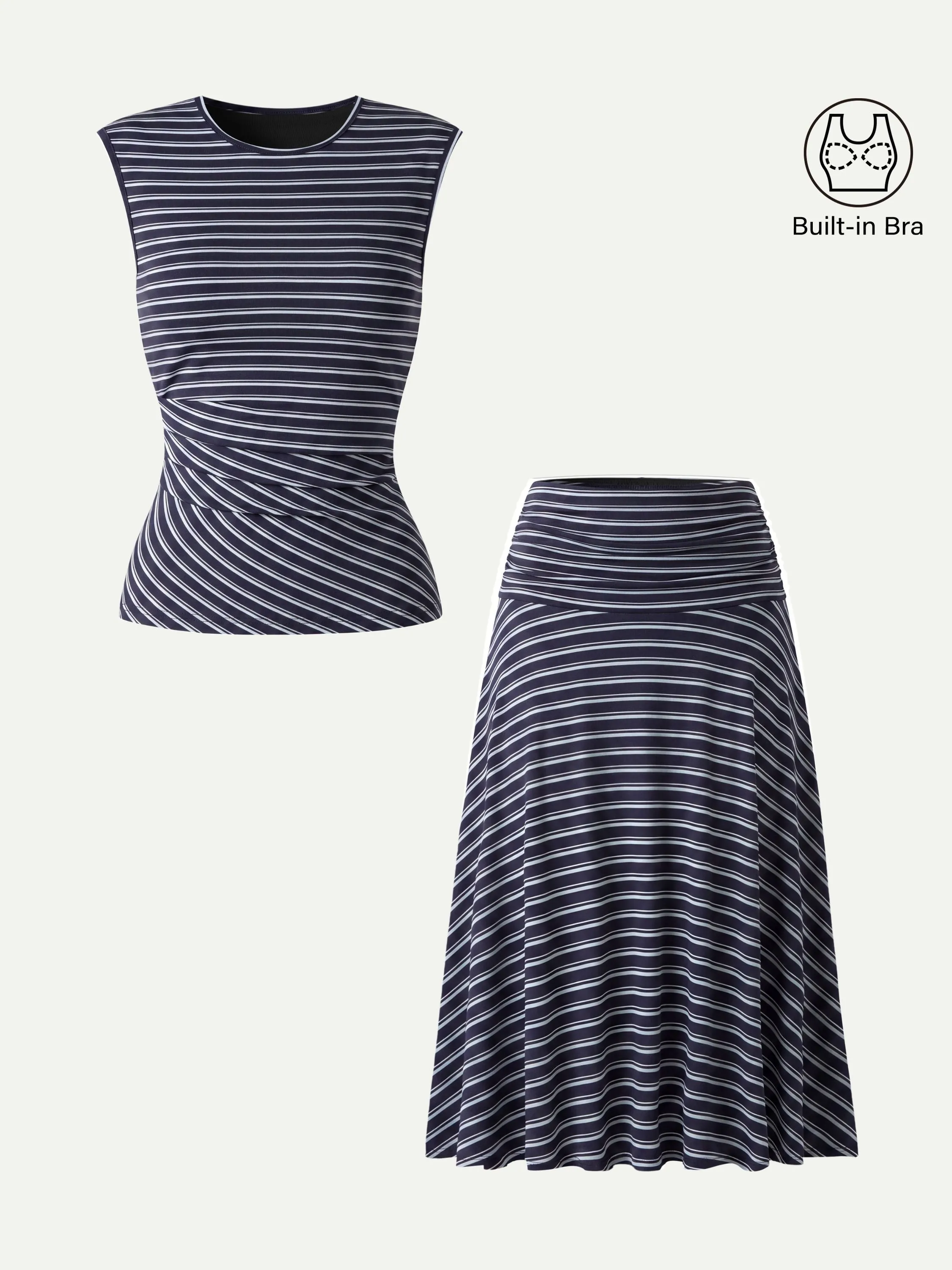 2Pcs Set Striped Tucked Sleeveless Bra Top & Circle Flare Ruched Midi Skirt sold by OGLmove product image thumbnail 5