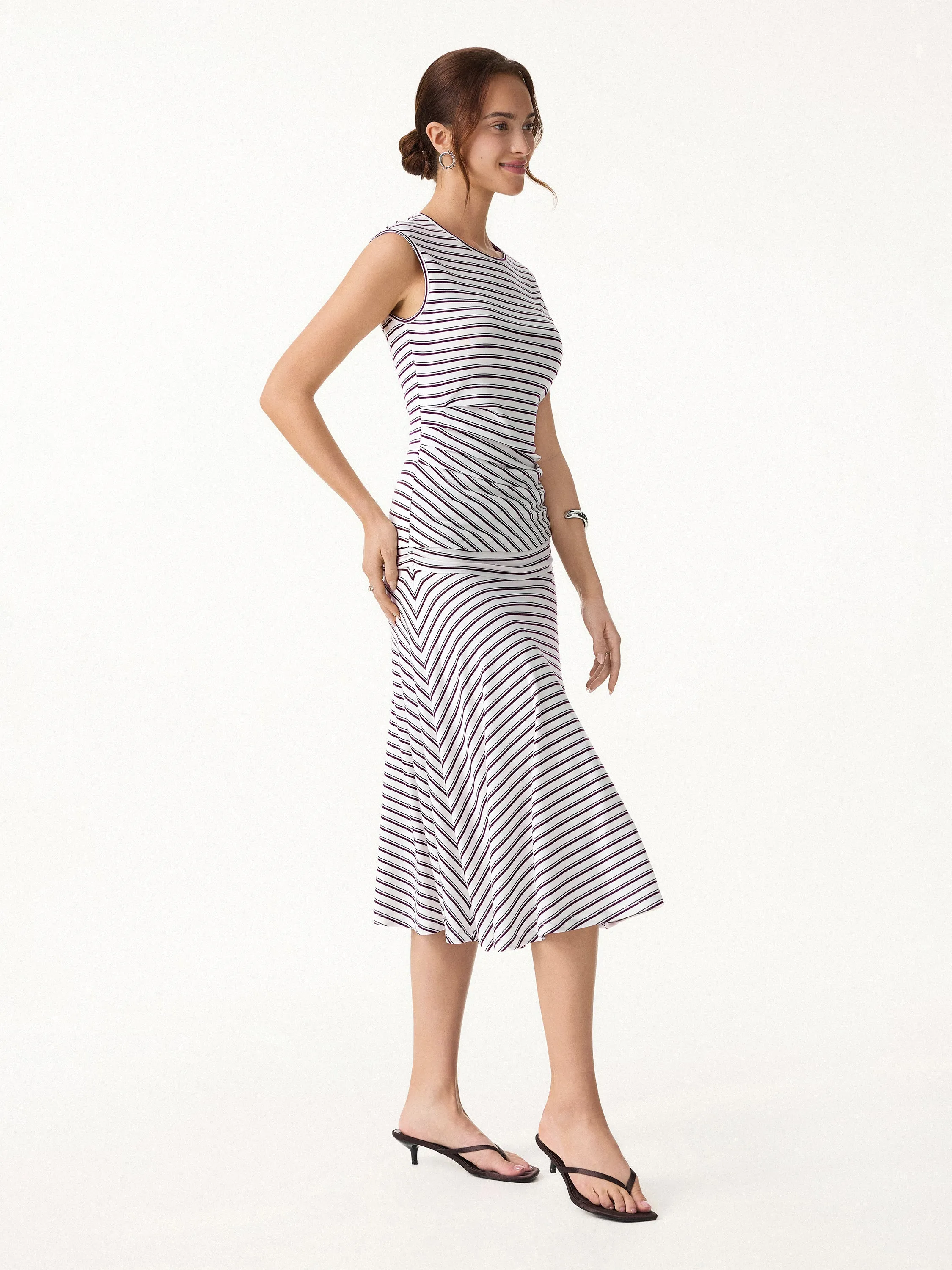 2Pcs Set Striped Tucked Sleeveless Bra Top & Circle Flare Ruched Midi Skirt sold by OGLmove product image thumbnail 3