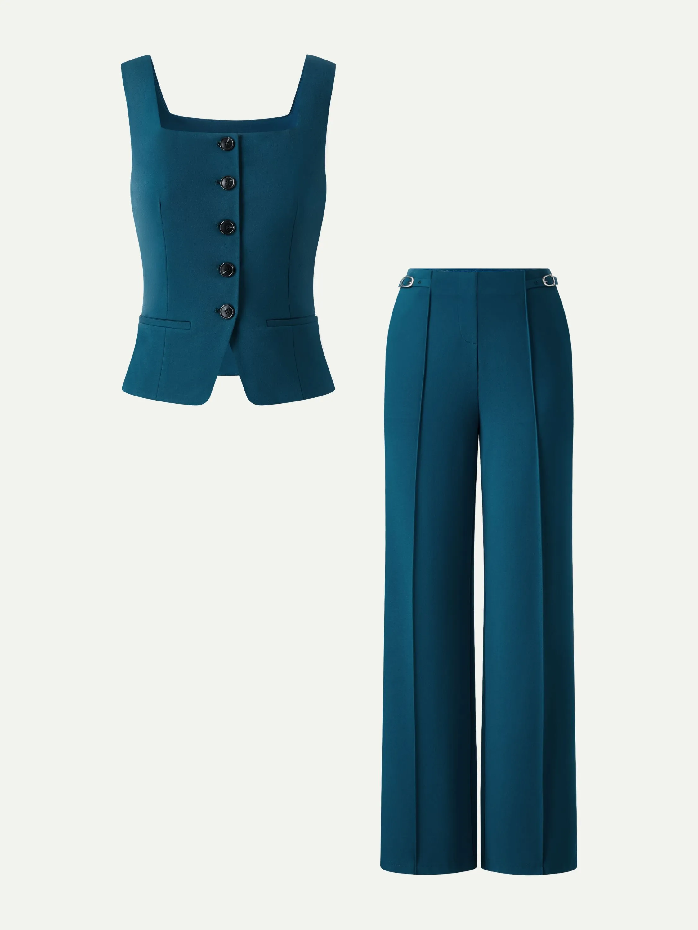 2Pcs Set Square Neck Waistcoat with Pockets & Wide Leg Ankled Pants sold by OGLmove product image thumbnail 5