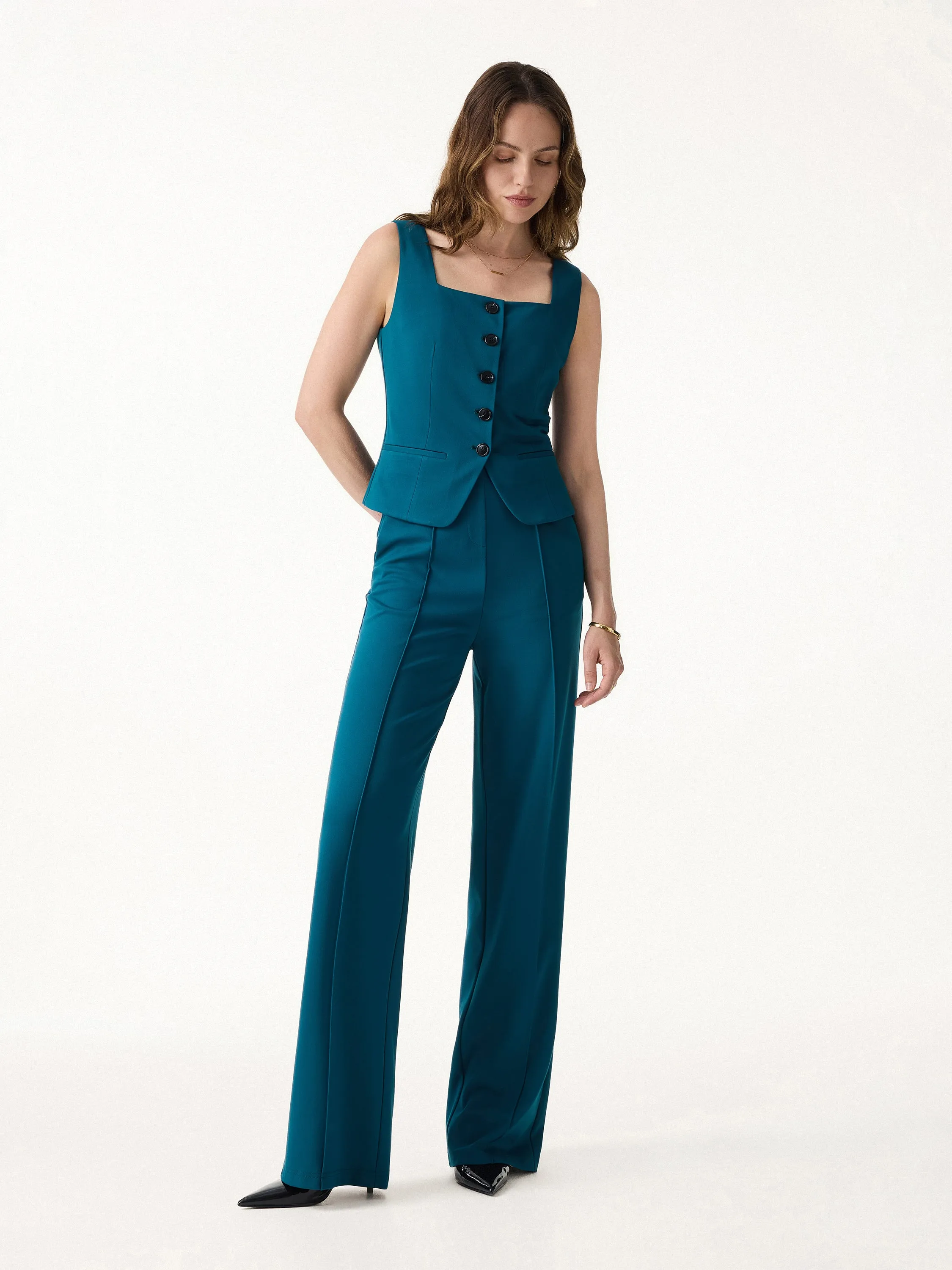2Pcs Set Square Neck Waistcoat with Pockets & Wide Leg Ankled Pants sold by OGLmove product image thumbnail 2