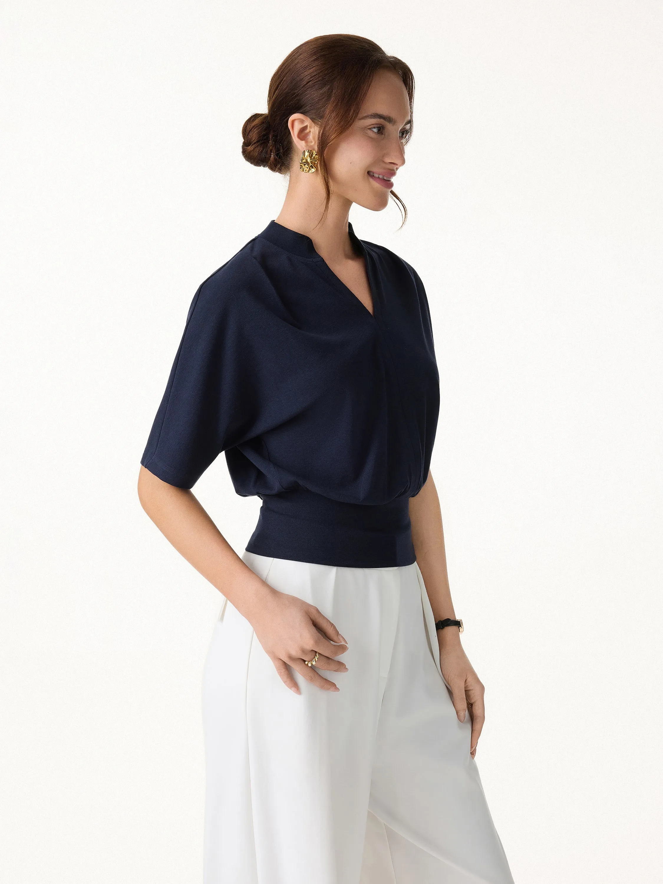 Stand Collar V-Neck Short Sleeve Top sold by OGLmove product image thumbnail 5