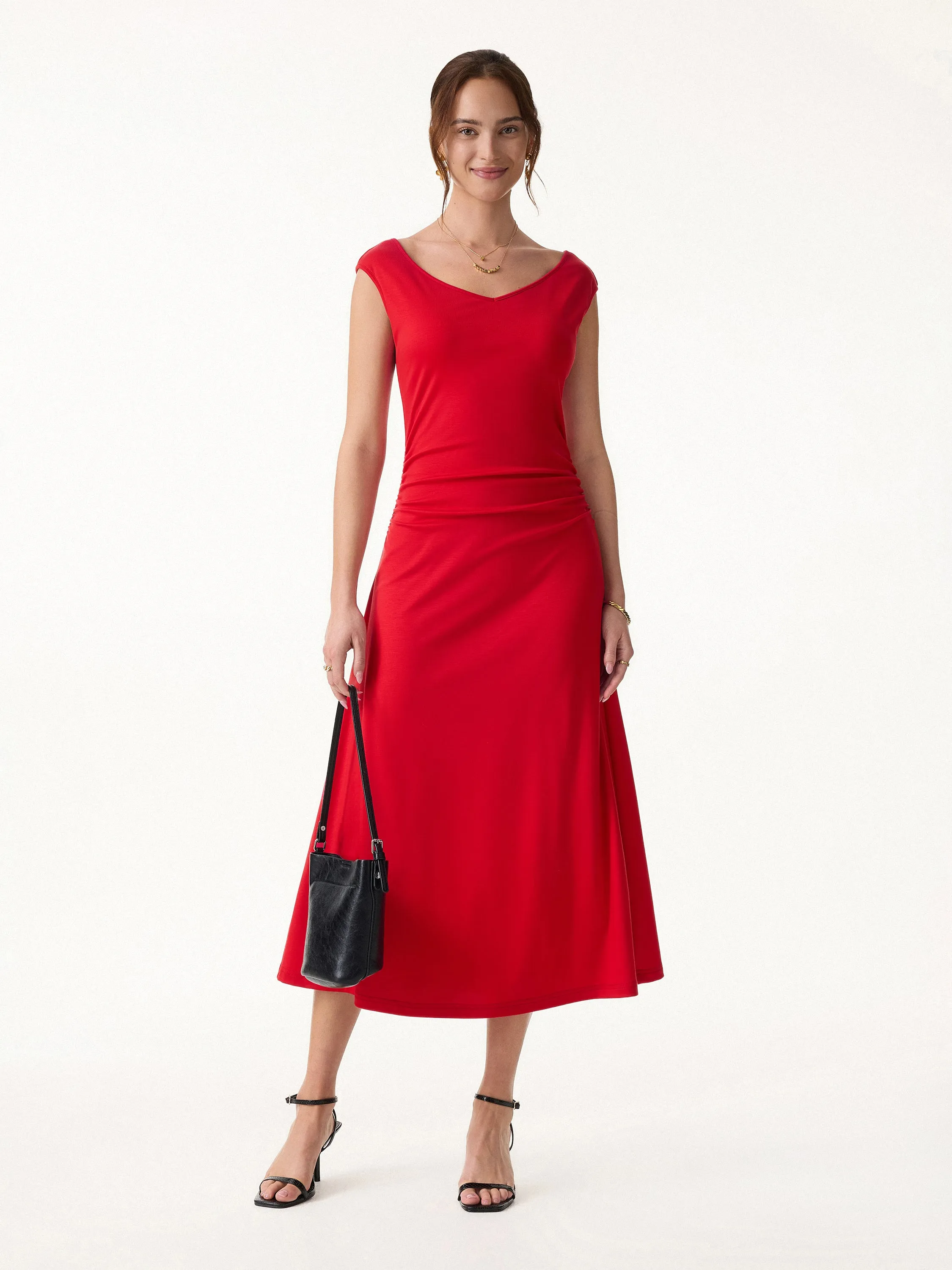 Cooling Lyocell V-Neck Ruched Midi Bra Dress sold by OGLmove product image thumbnail 4