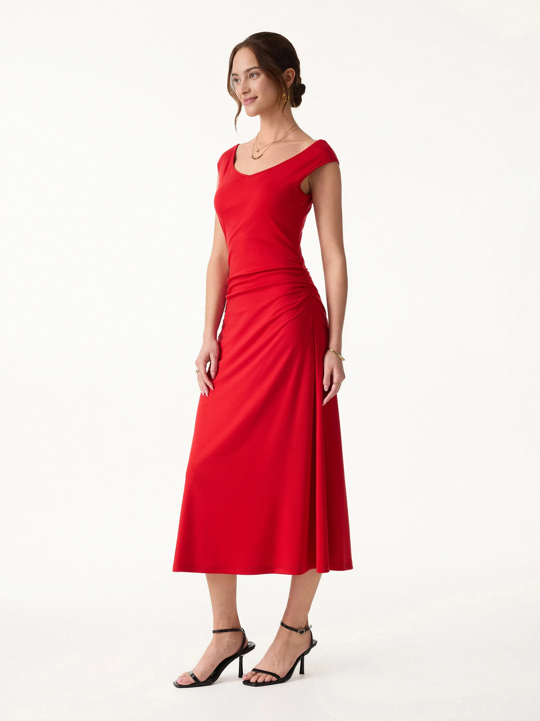 Cooling Lyocell V-Neck Ruched Midi Bra Dress sold by OGLmove