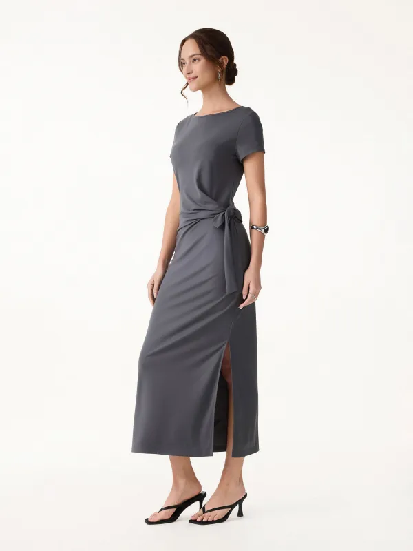 Cooling Wrinkle-Resistant Side Waist Tie Midi Dress with Slit made by OGLmove