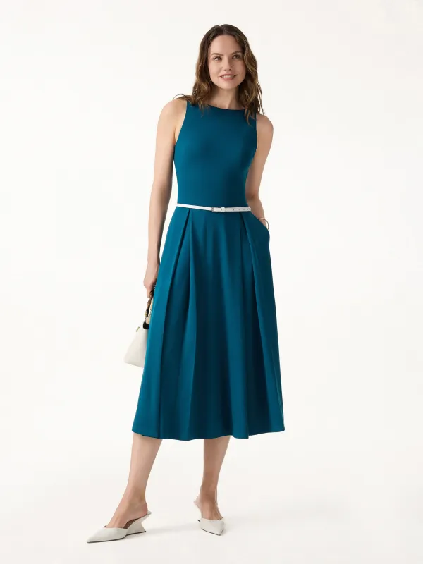 Boatneck Pleated Fit-and-Flare Midi Bra Dress with Pockets made by OGLmove