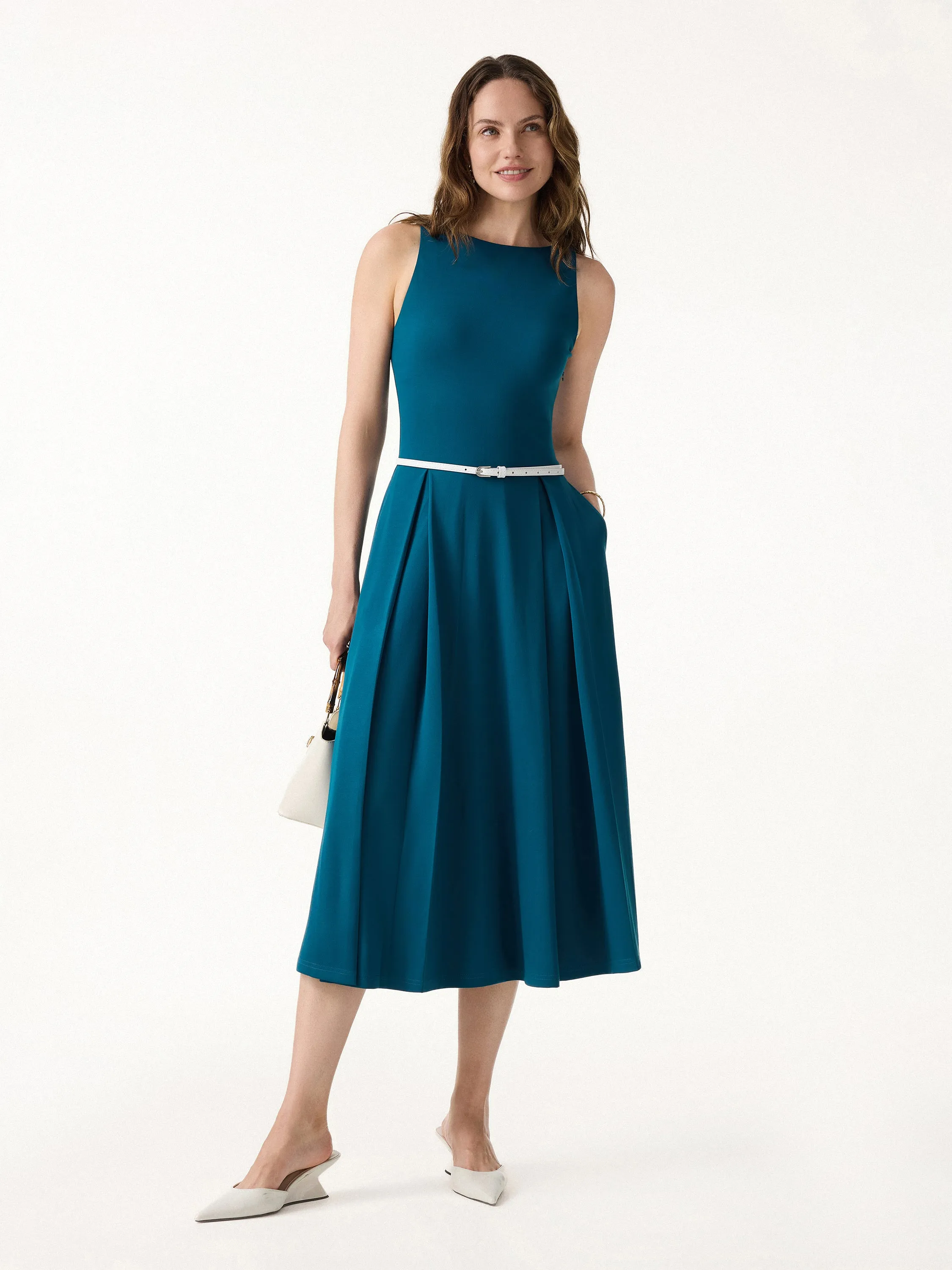 Boatneck Pleated Fit-and-Flare Midi Bra Dress with Pockets sold by OGLmove