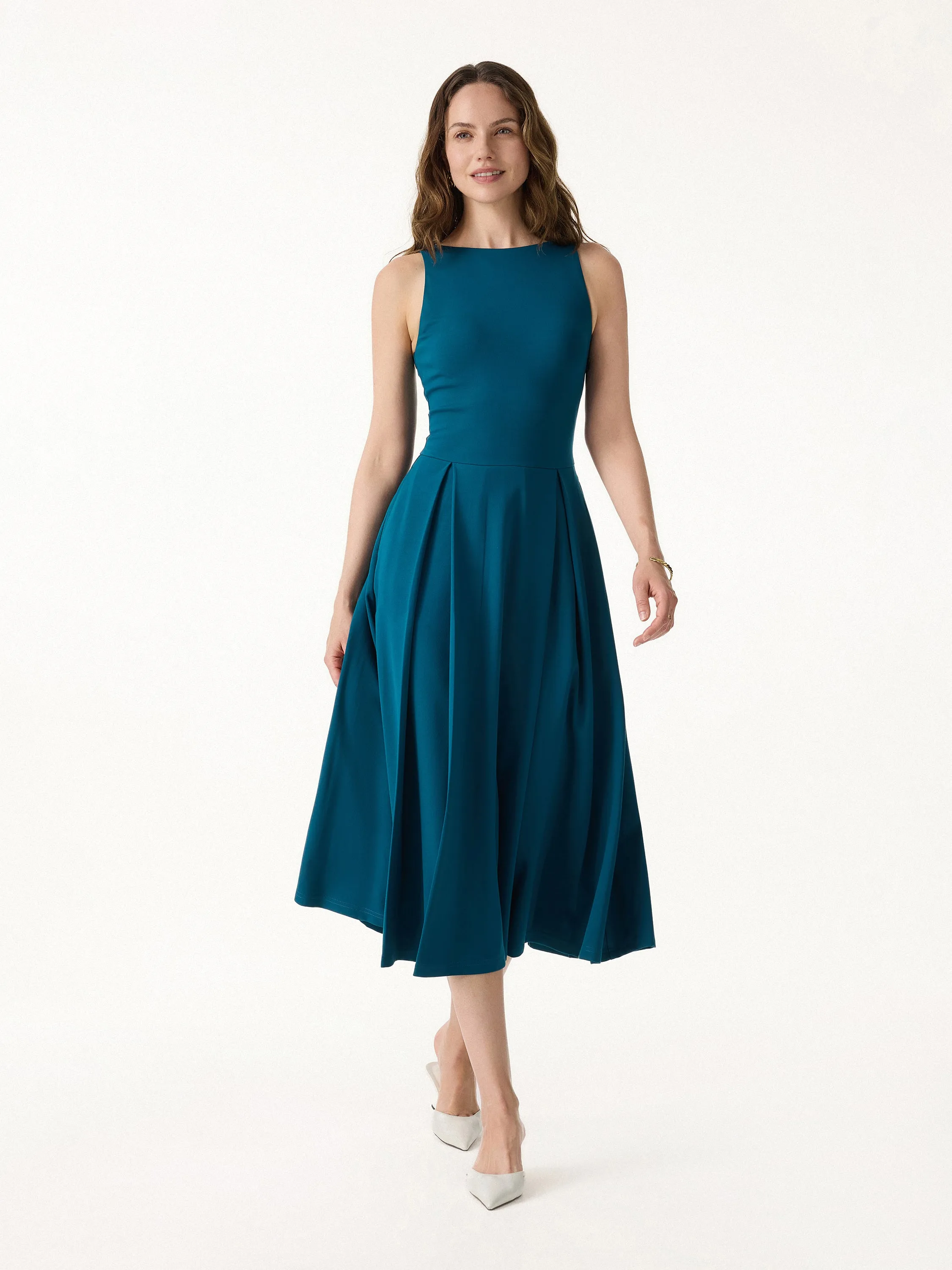Boatneck Pleated Fit-and-Flare Midi Bra Dress with Pockets sold by OGLmove product image thumbnail 3