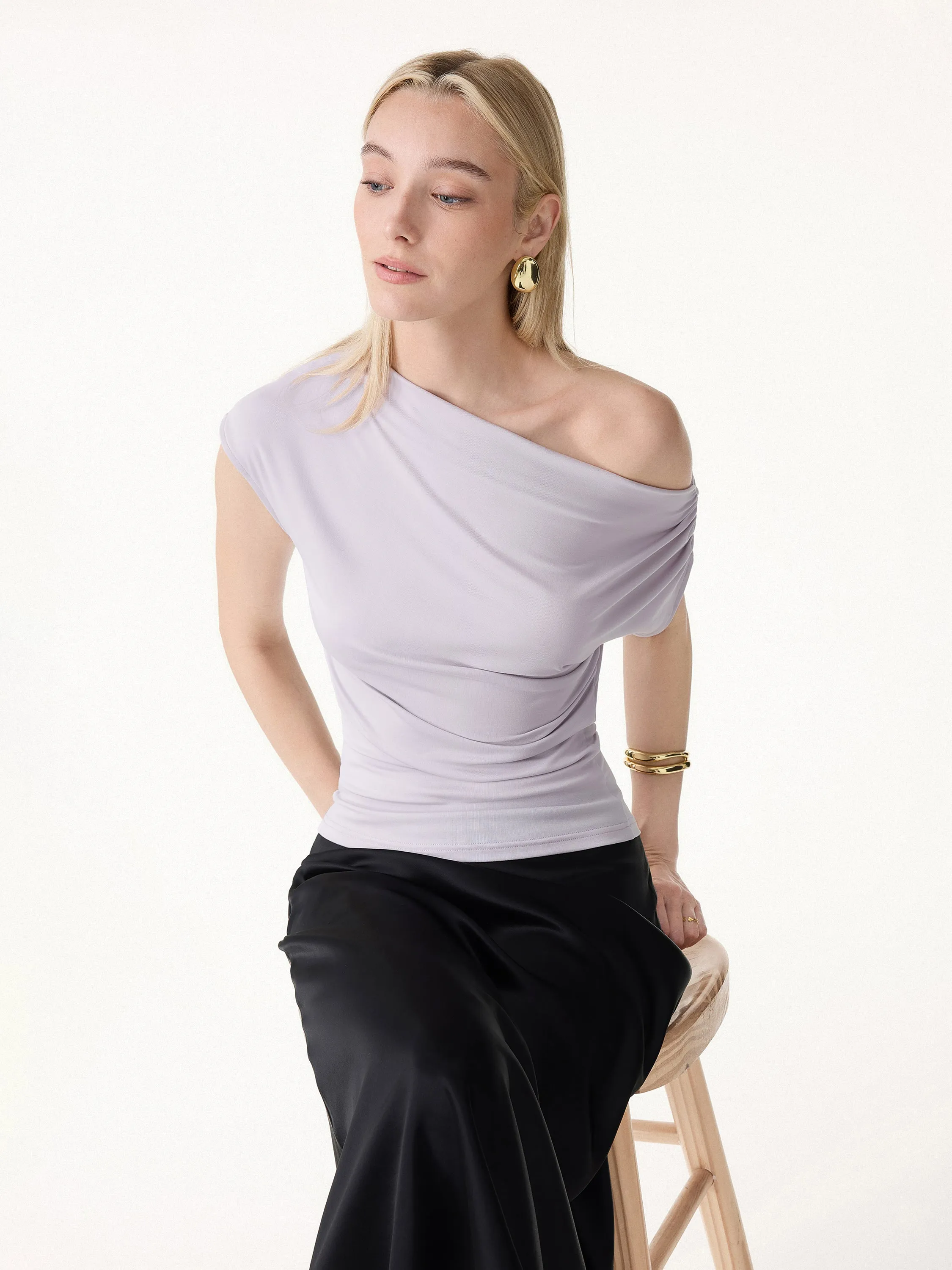 Cool-Touch Asymmetrical Ruched Shoulder Top sold by OGLmove product image thumbnail 5
